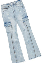 Boys Beno Beige/Pink T-Shirt/Stacked Flare Jean Set