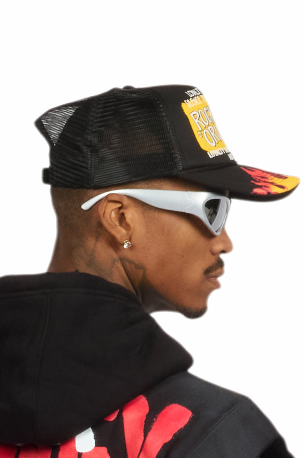 Beno Black/Yellow Flames Graphic Trucker Hat