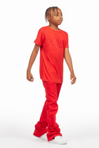 Boys Sana Red T-Shirt/Dag Stacked Flare Jean Set