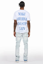 Drako White/Blue Oversized Graphic T-Shirt/Dag Stacked Flare Jean Set