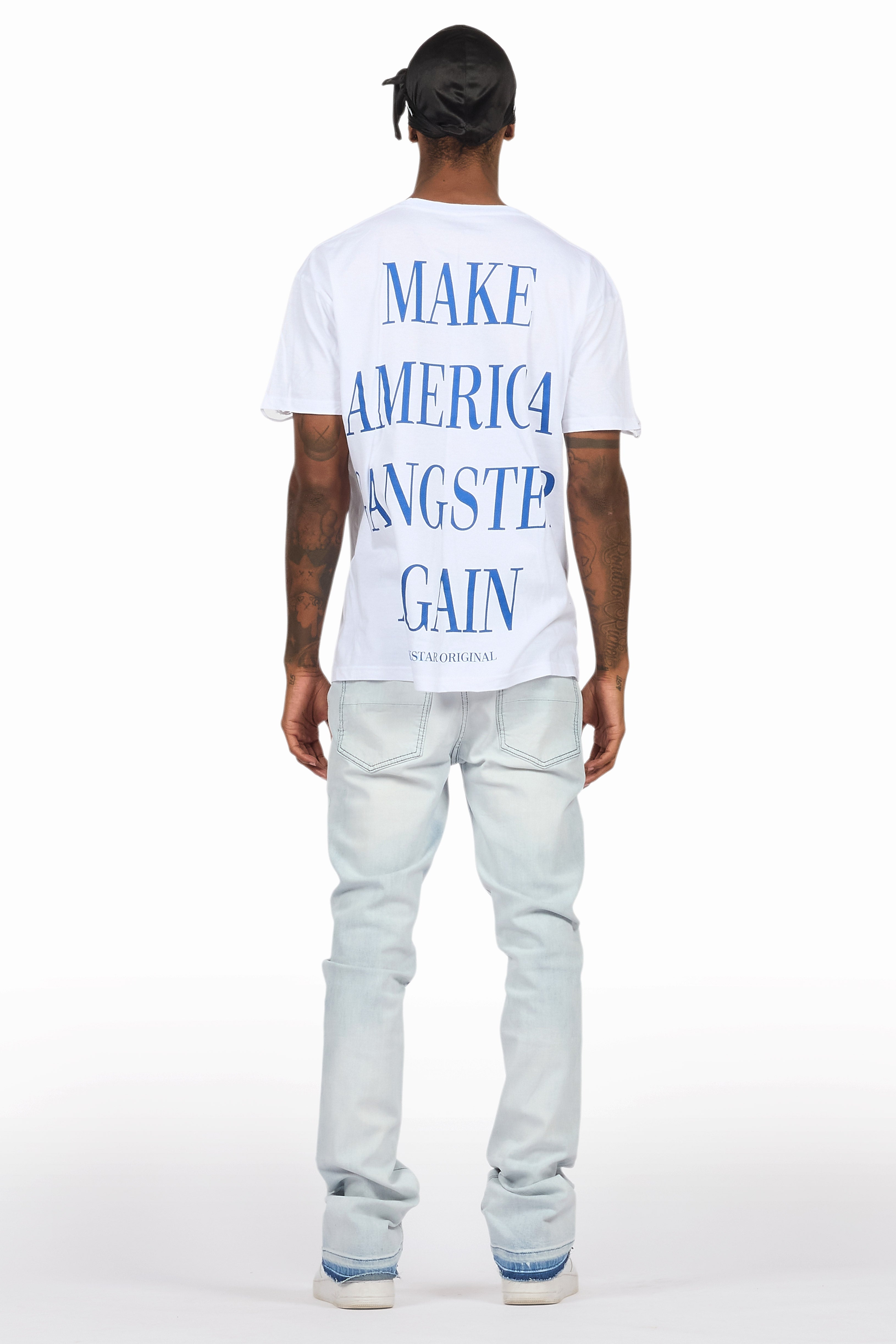 Drako White/Blue Oversized Graphic T-Shirt/Dag Stacked Flare Jean Set