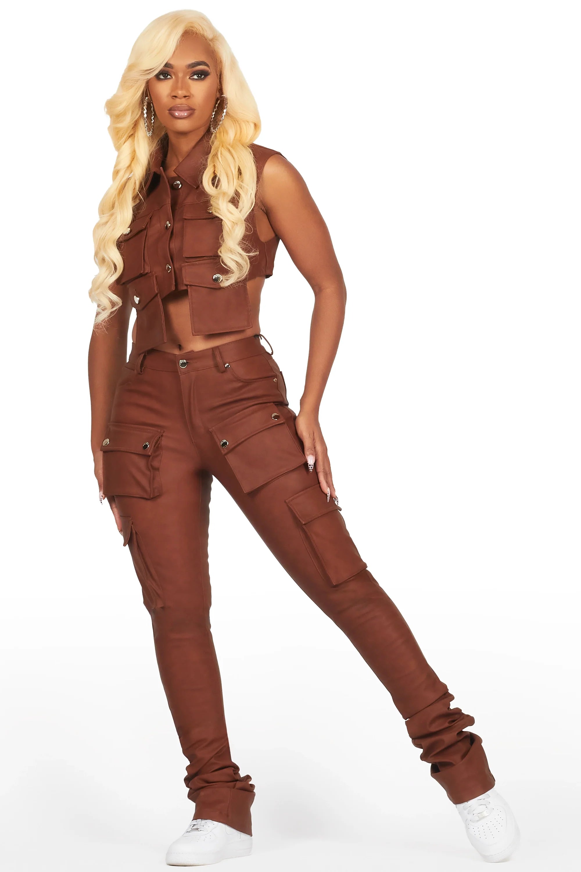 Kiedra Brown Cargo Super Stacked PU Pant