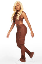 Kiedra Brown Cargo Super Stacked PU Pant