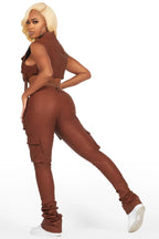 Kiedra Brown Cargo Super Stacked PU Pant