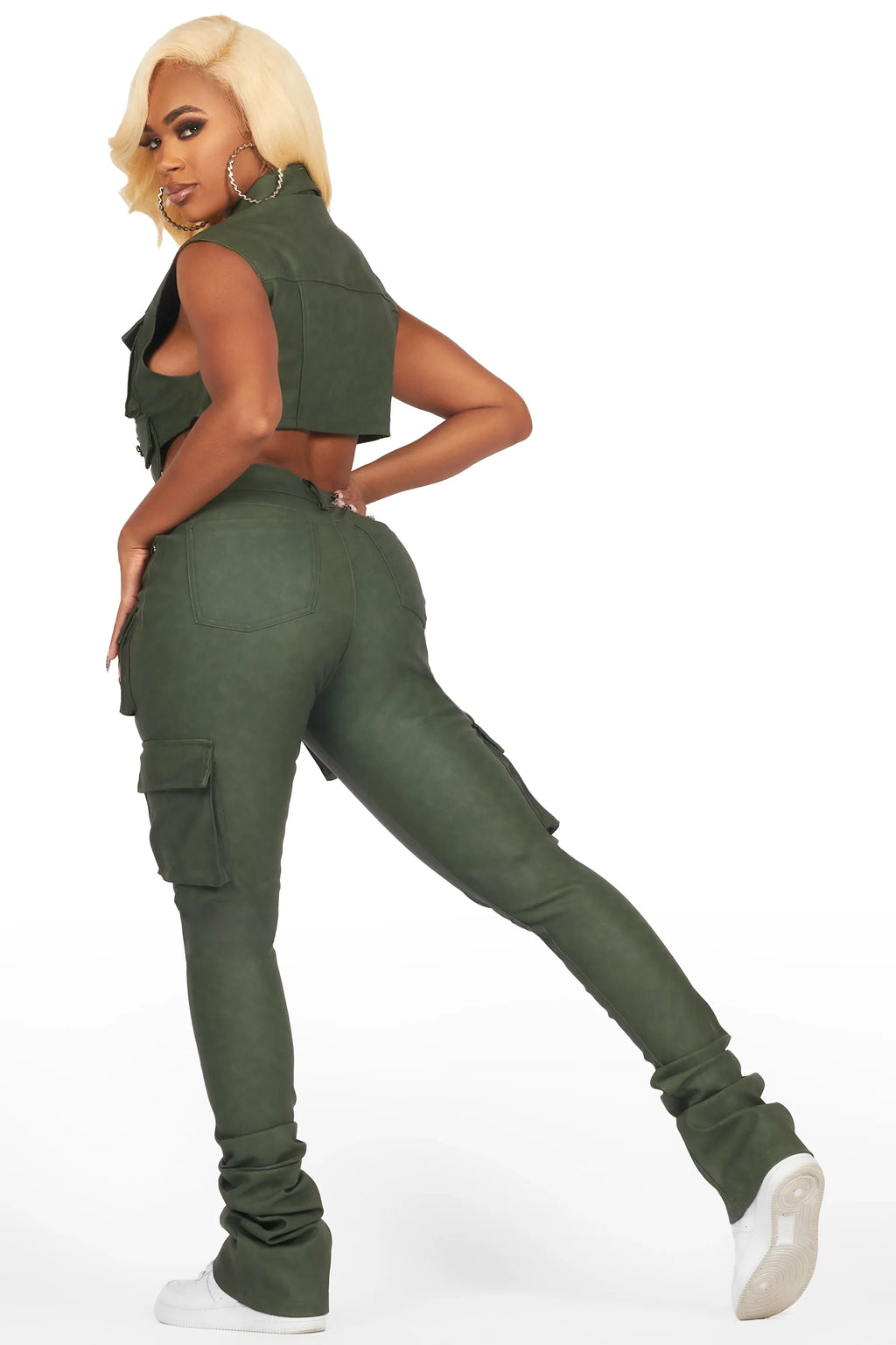 Kiedra Green Cargo Super Stacked PU Pant