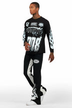 Amos Black/White Long Sleeve T-Shirt/Stacked Baggy Pant Set