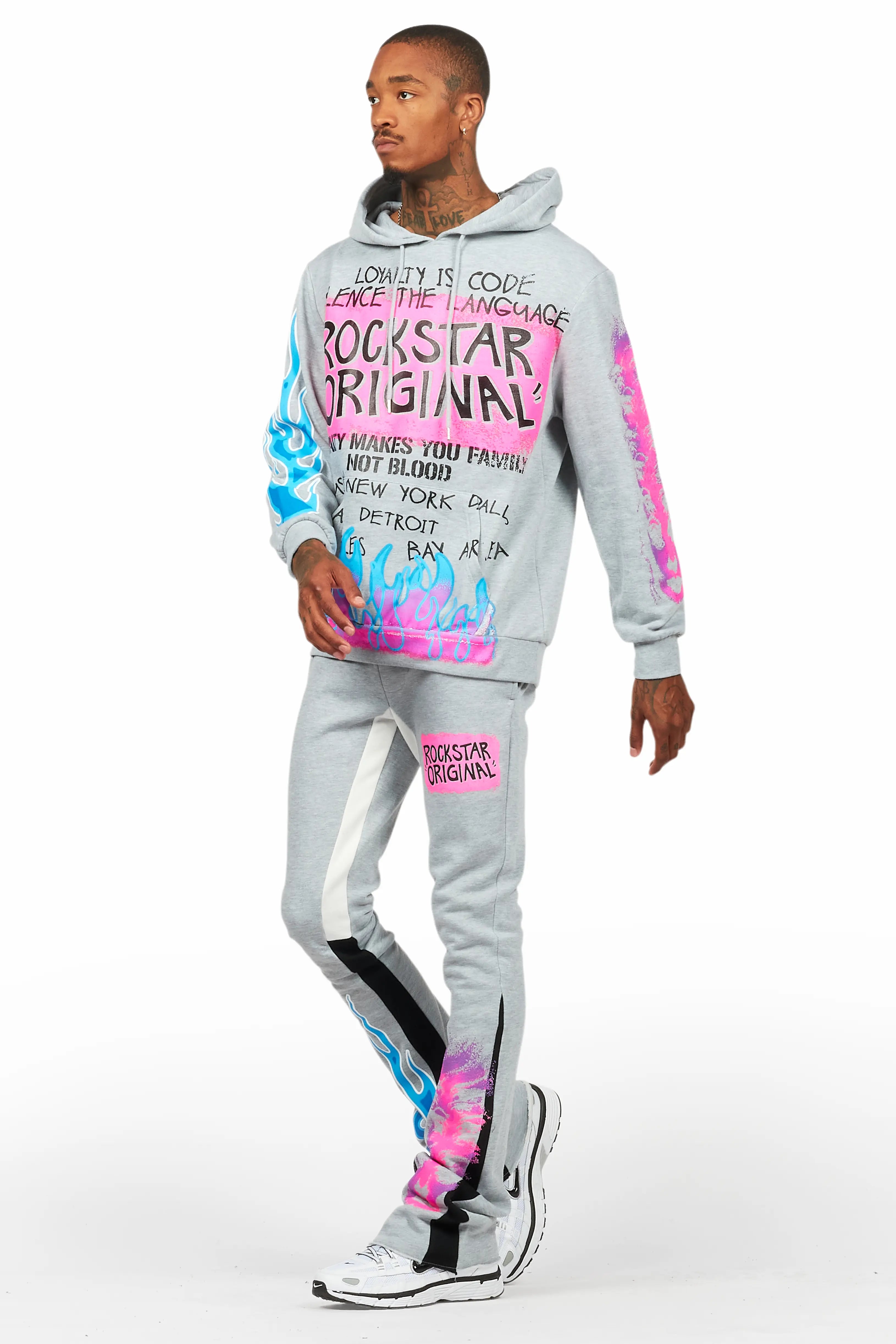 Beno Heather Grey Stacked Flare Hoodie Track Set