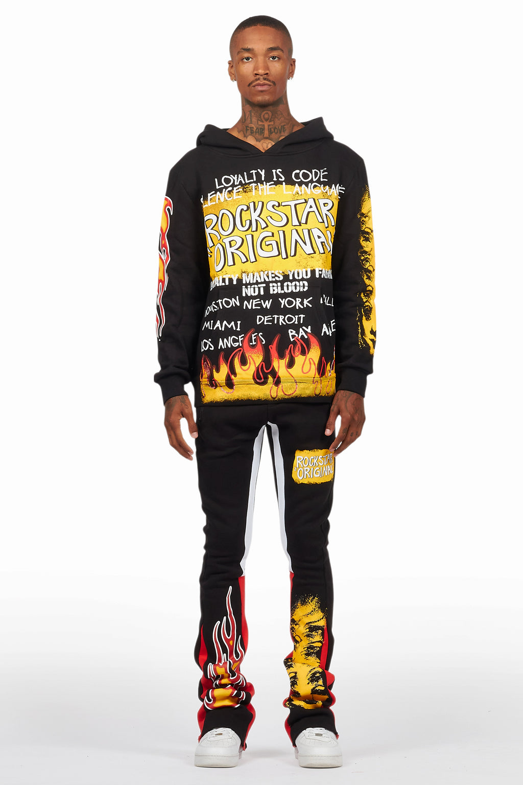 Beno Black/Yellow Stacked Flare Hoodie Track Set
