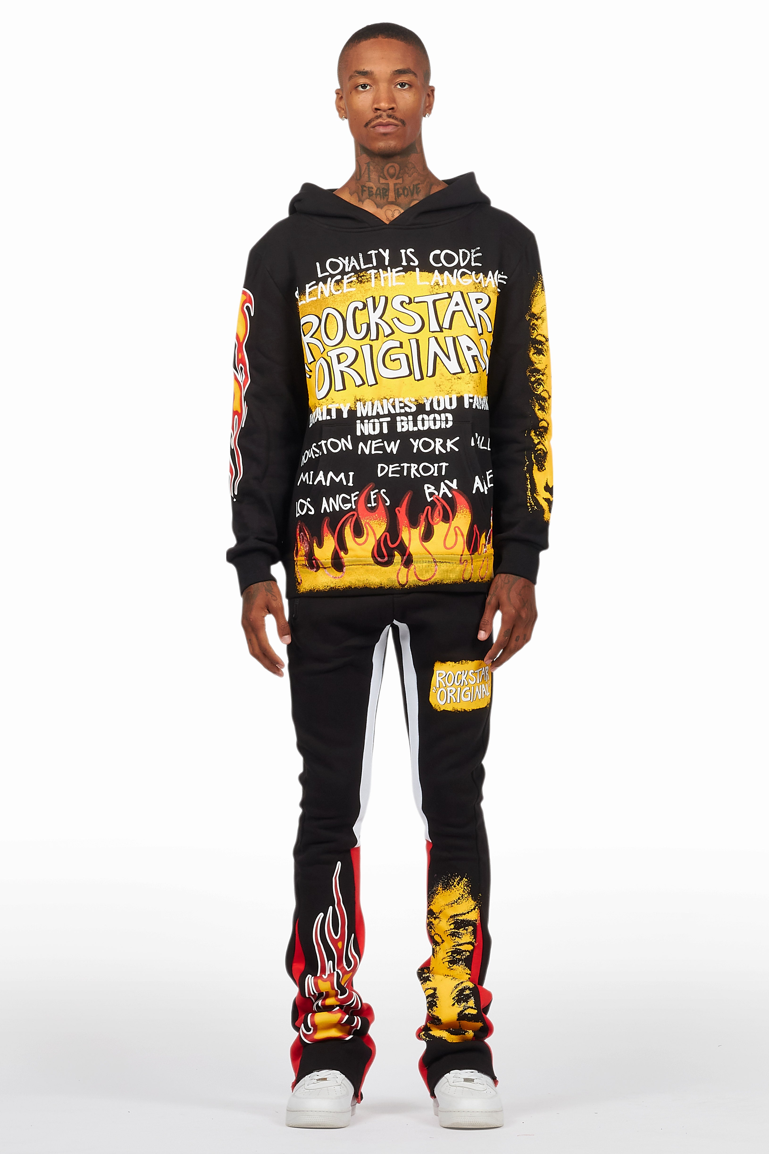 Beno Black/Yellow Stacked Flare Hoodie Track Set