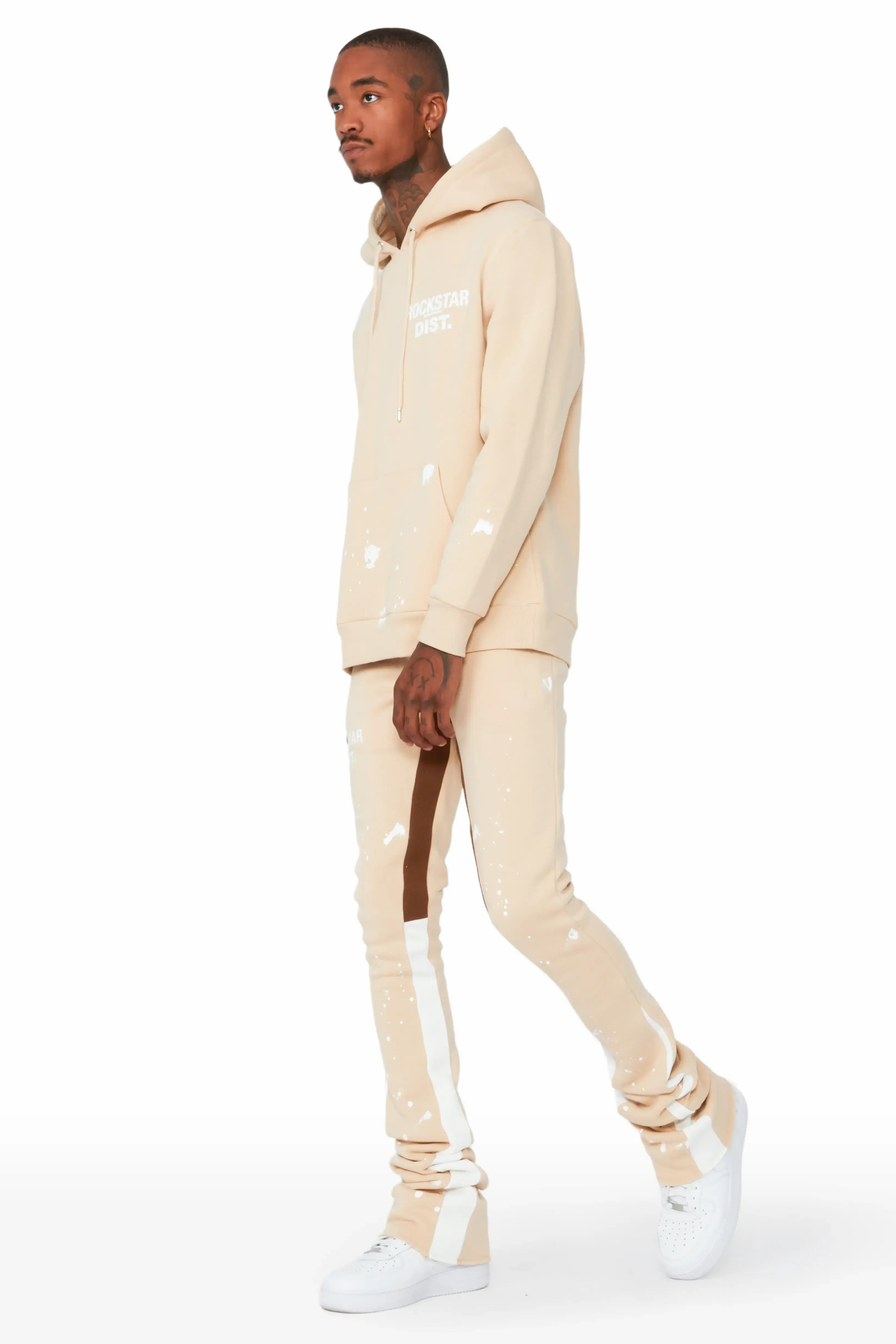 Raffer Beige/White Hoodie/Super Stacked Flare Pant Set