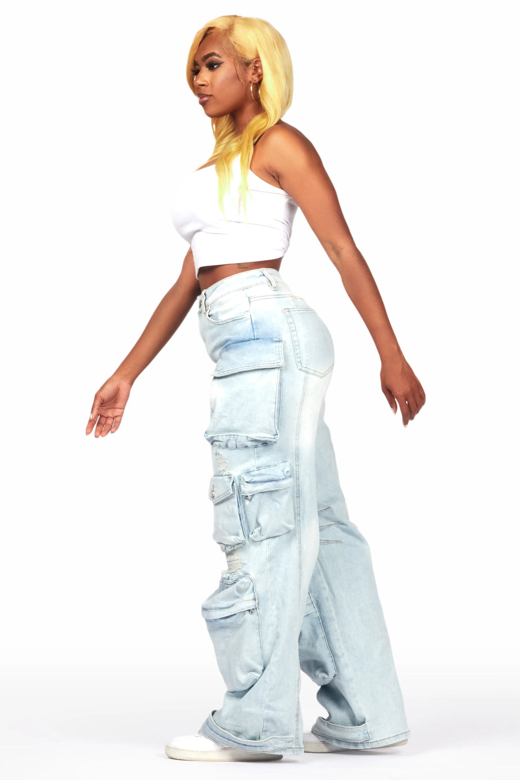 Nakia Tinted Light Wash Cargo Wide Leg Jean