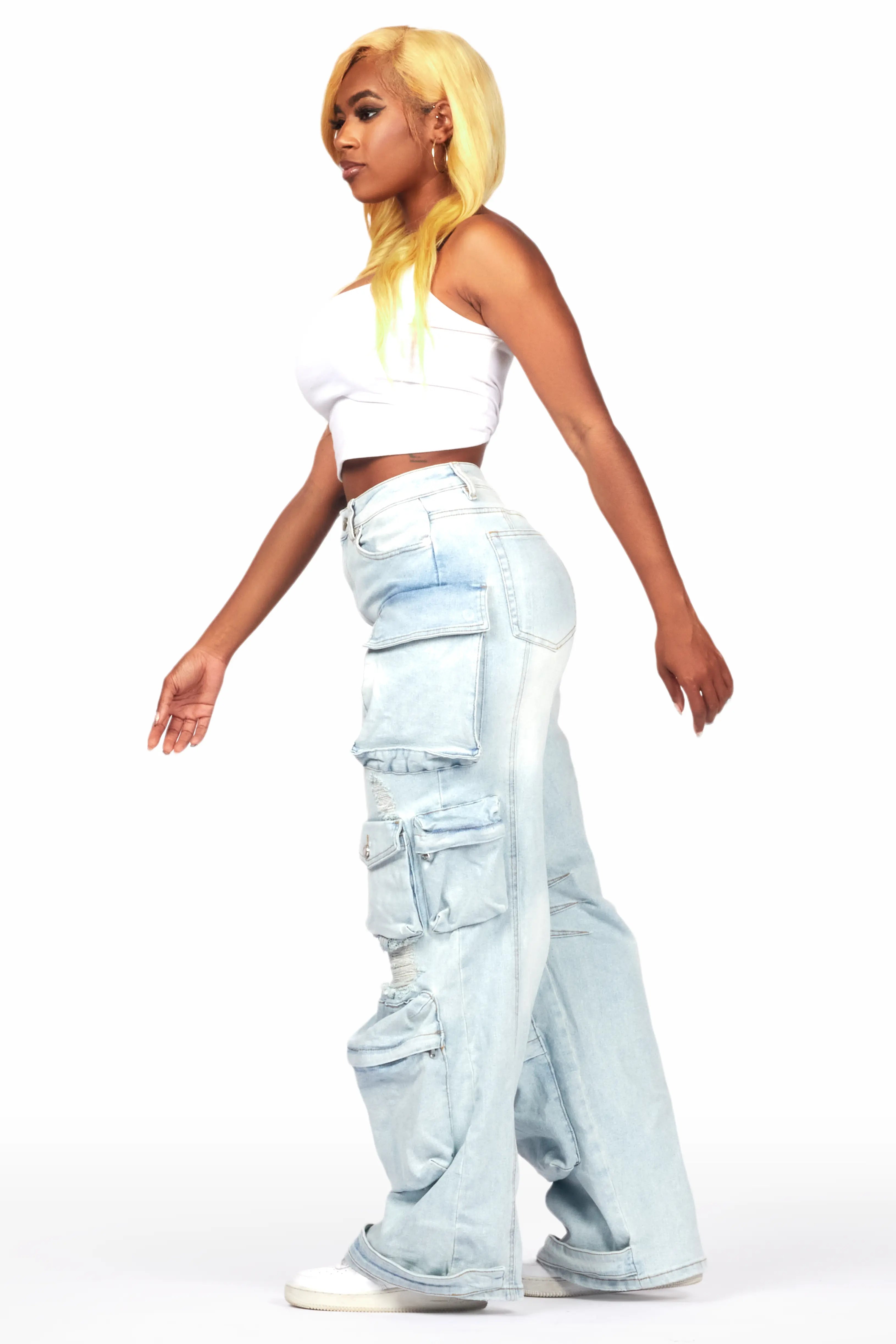 Nakia Tinted Light Wash Cargo Wide Leg Jean
