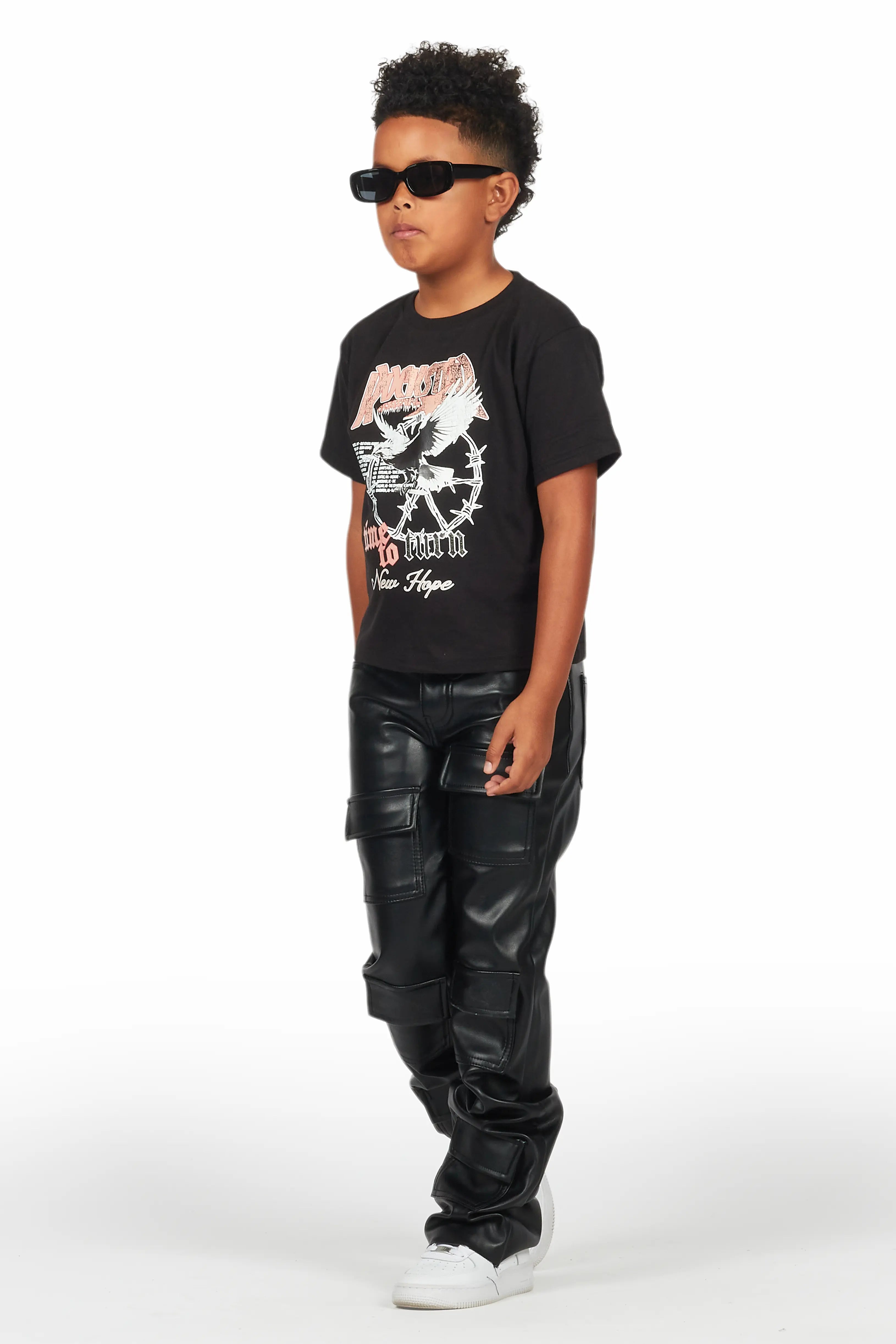 Boys Petrus Black PU Leather Jean