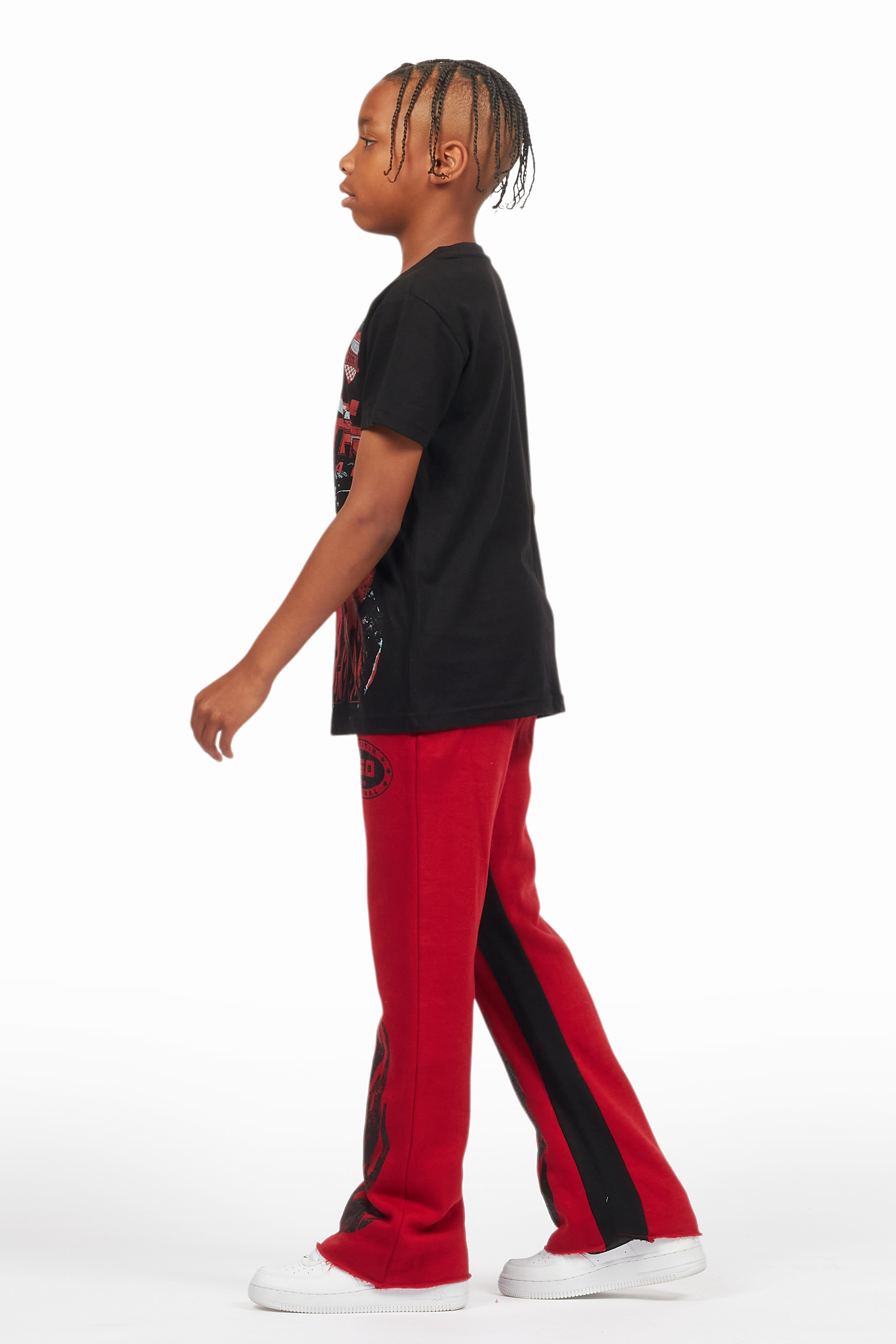 Boys Amos Black/Burgundy T-Shirt/Stacked Baggy Flare Pant Set