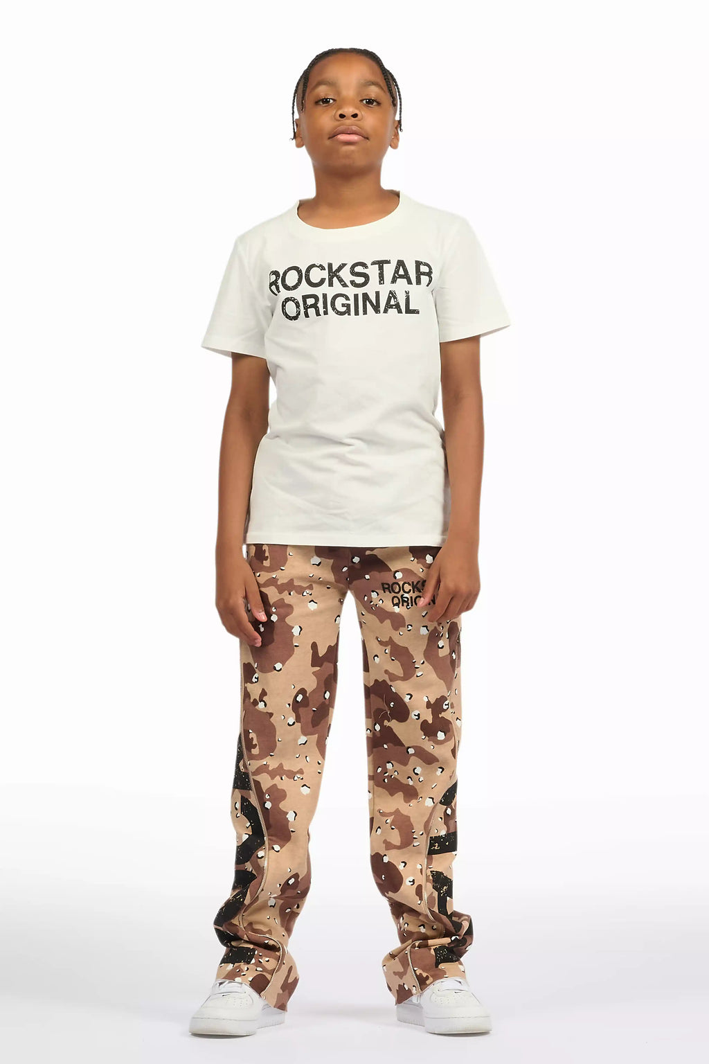 Boys Deniska White/Camo T-Shirt Baggy Stacked Flare Set
