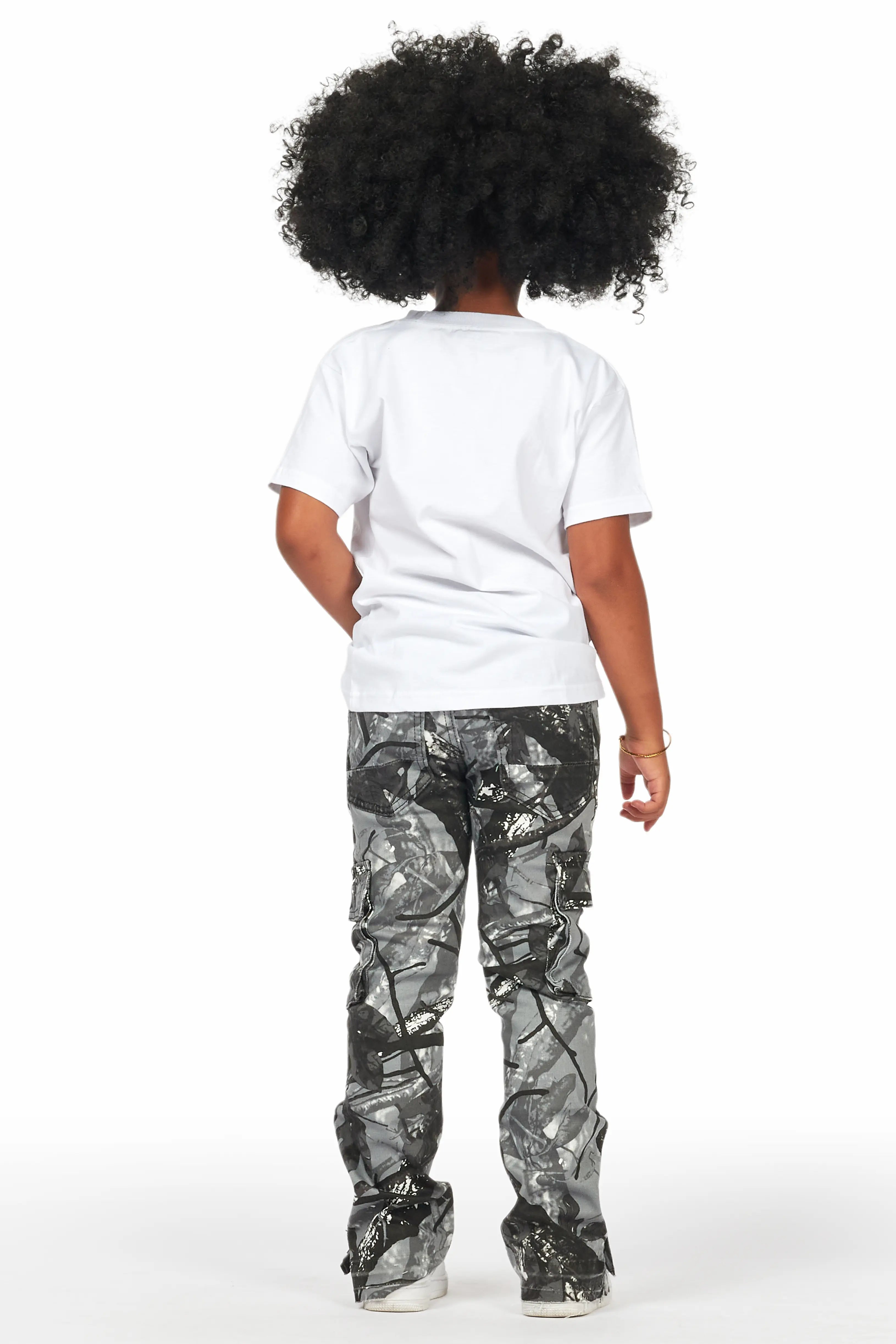 Girls Amiry Grey Camo Stacked Flare Cargo Jean