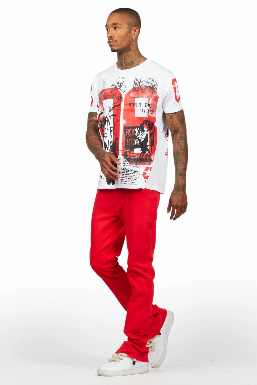 Grill White/Red Oversized Graphic T-Shirt/Dag Stacked Flare Jean Set