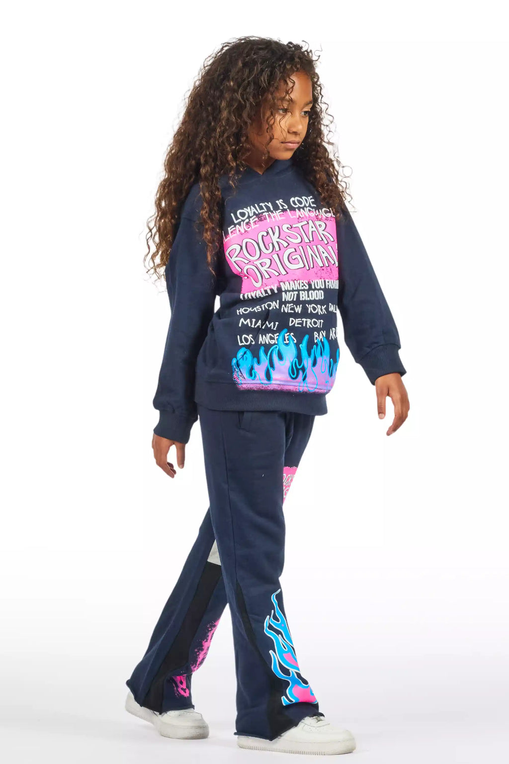 Girls Bridgette Navy/Pink Hoodie Stacked Flare Track Set