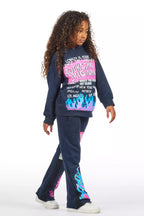 Girls Bridgette Navy/Pink Hoodie Stacked Flare Track Set