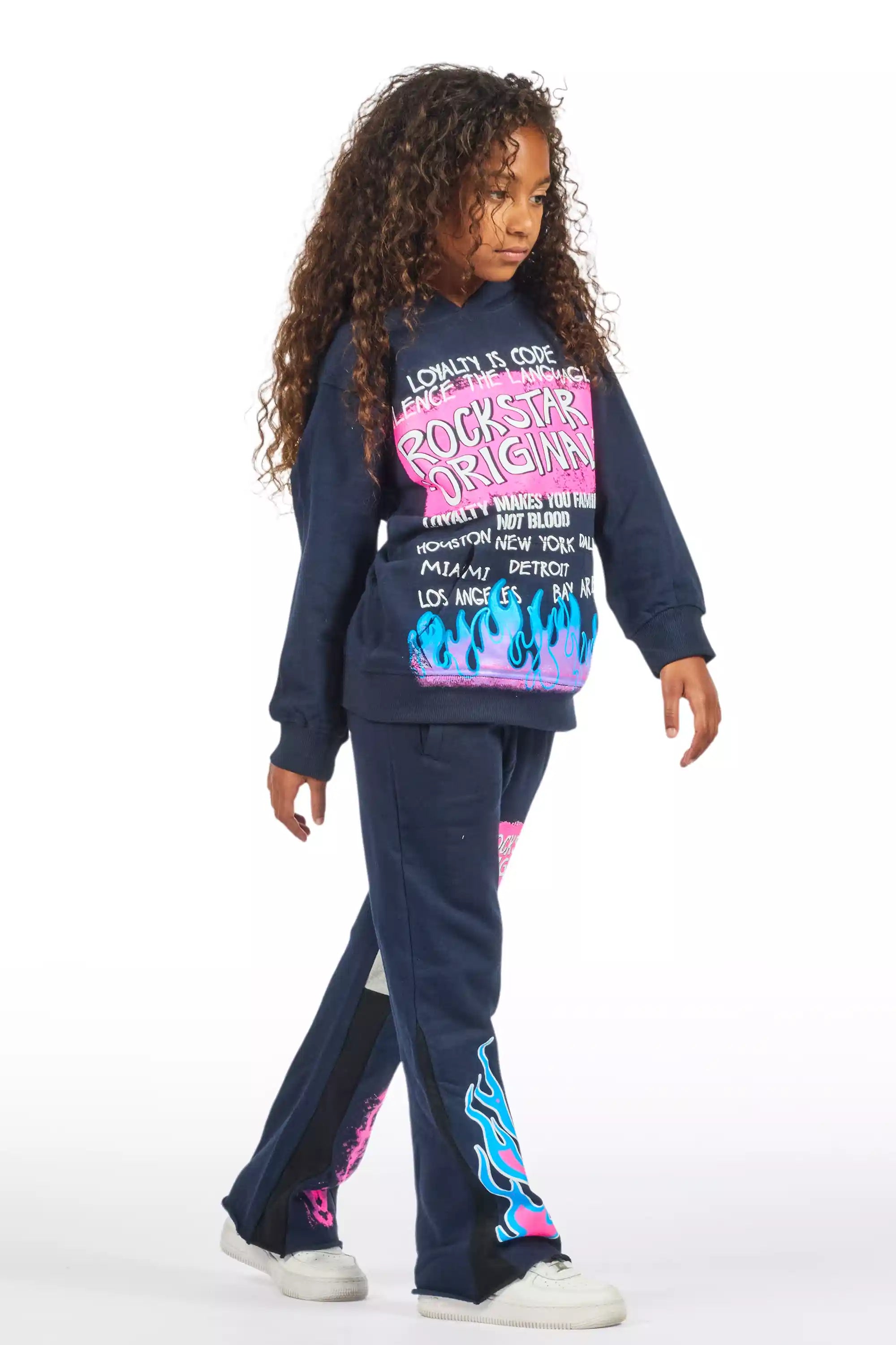Girls Bridgette Navy/Pink Hoodie Stacked Flare Track Set