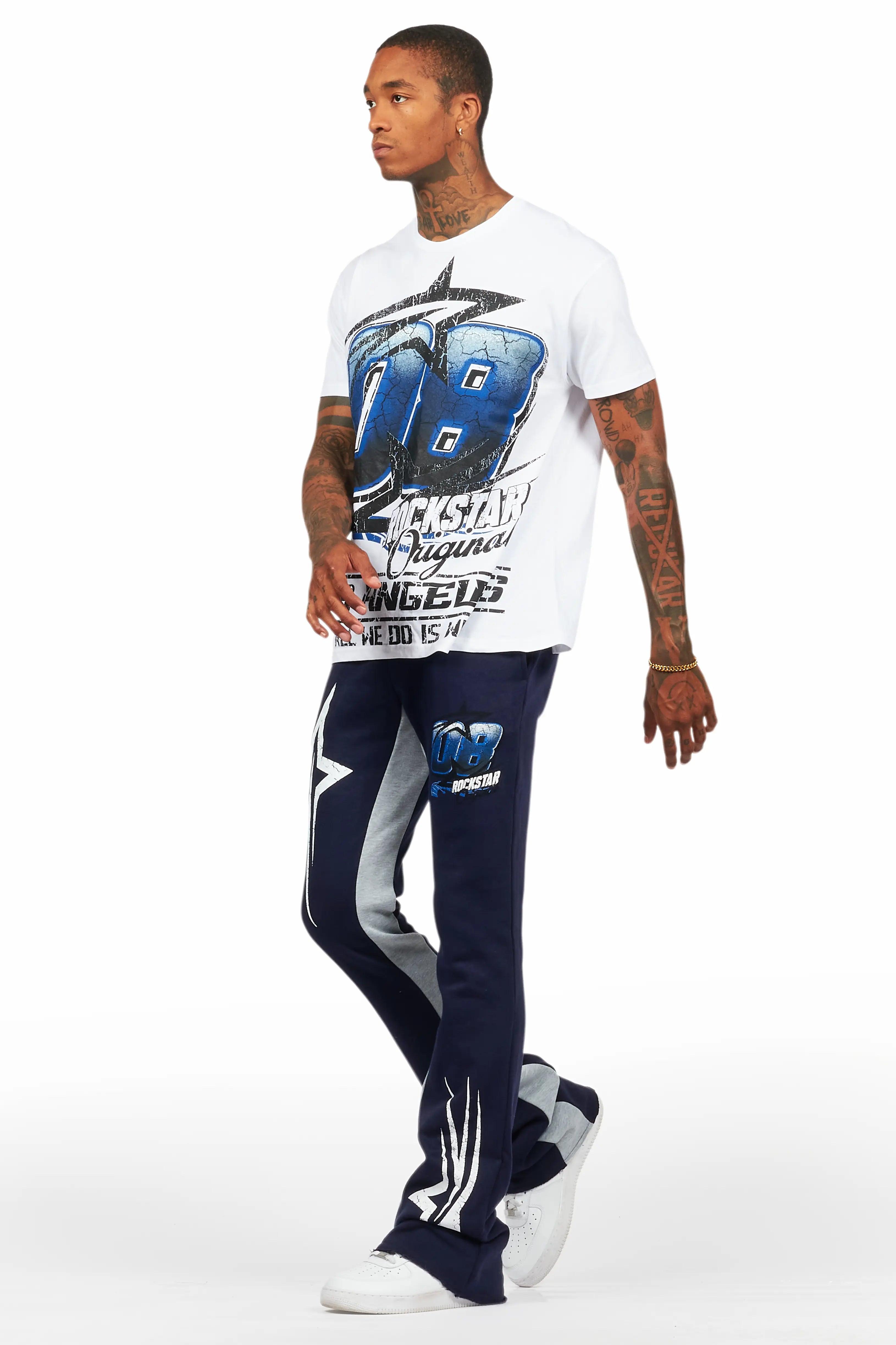 Kastell White/Navy T-Shirt/Stacked Baggy Track Pant Set