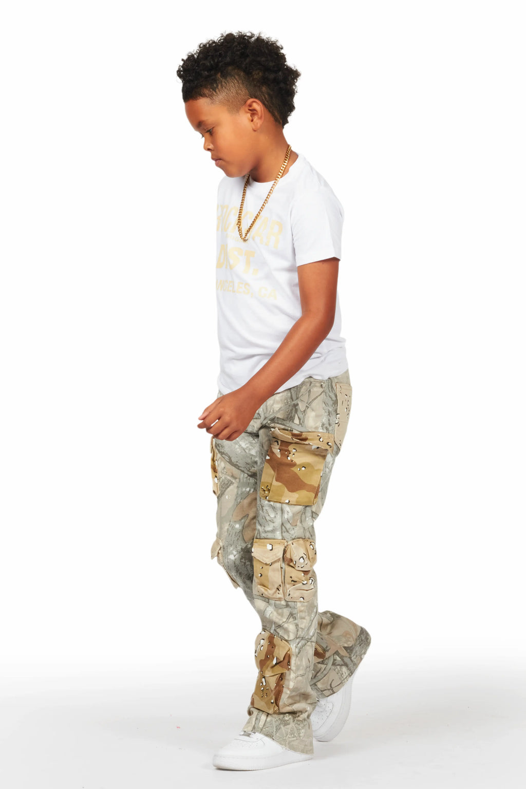 Boys Koen Beige Tree Camo T-Shirt/Stacked Flare Jean Set