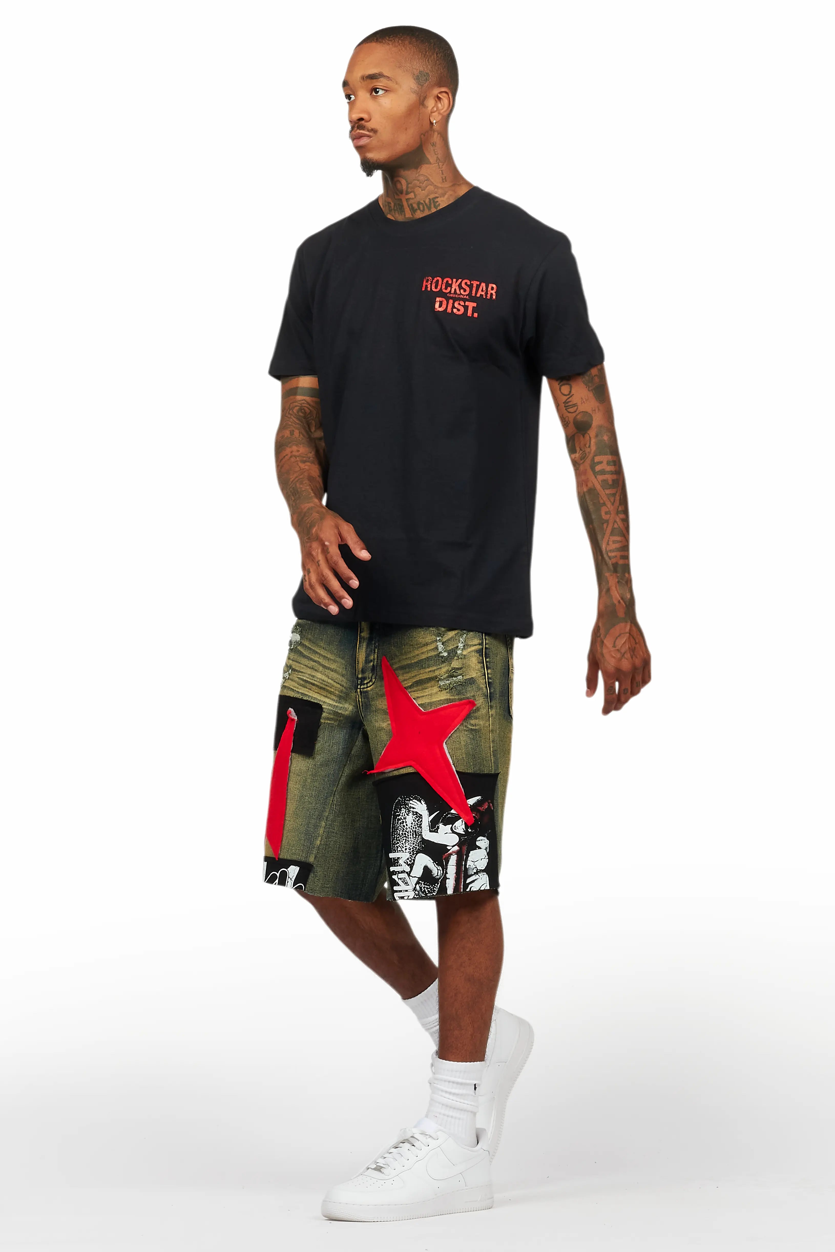 Akos Black/Red Tint T-Shirt/Denim Short Set