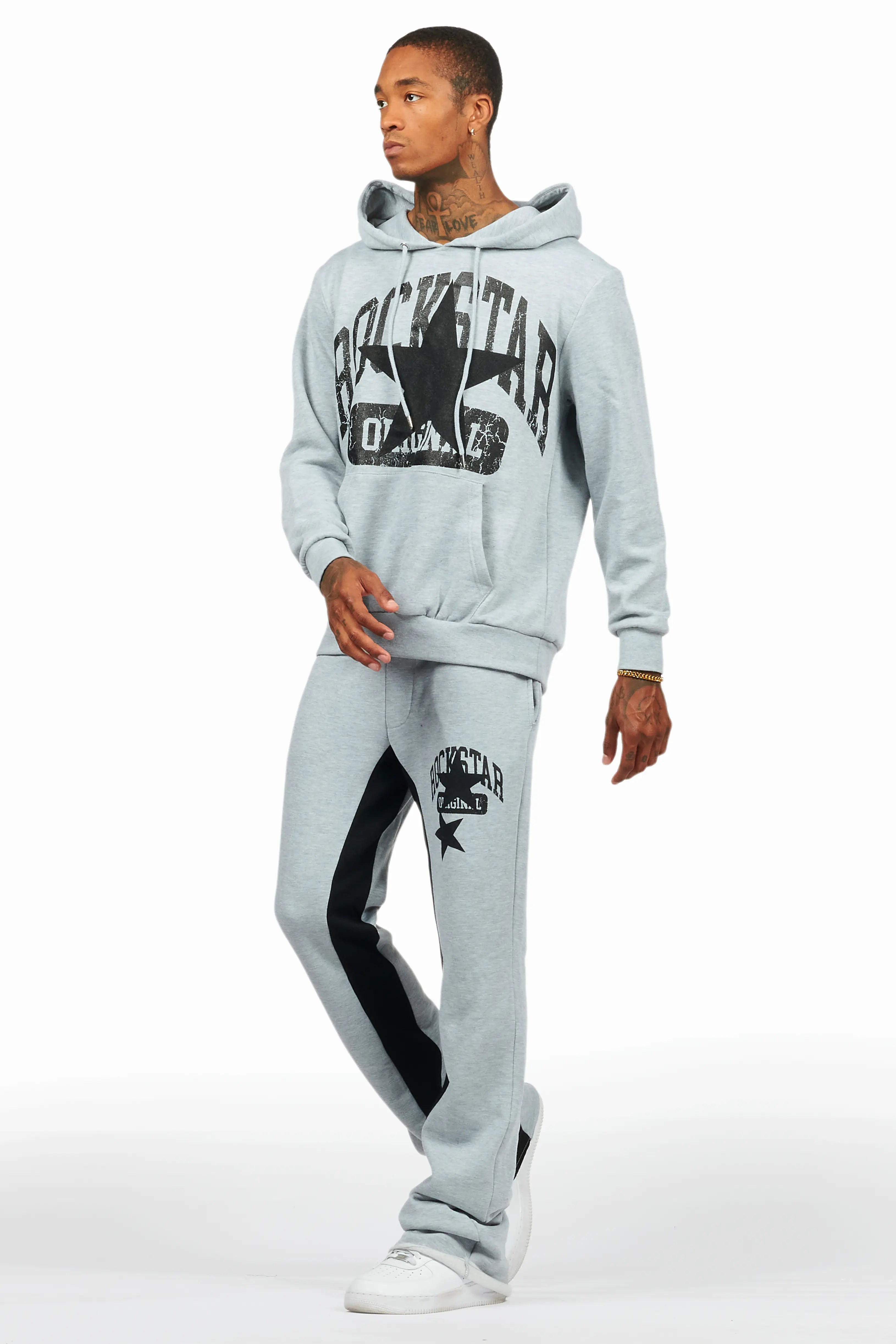 Mallor Heather Grey Baggy Stacked Hoodie Track Set