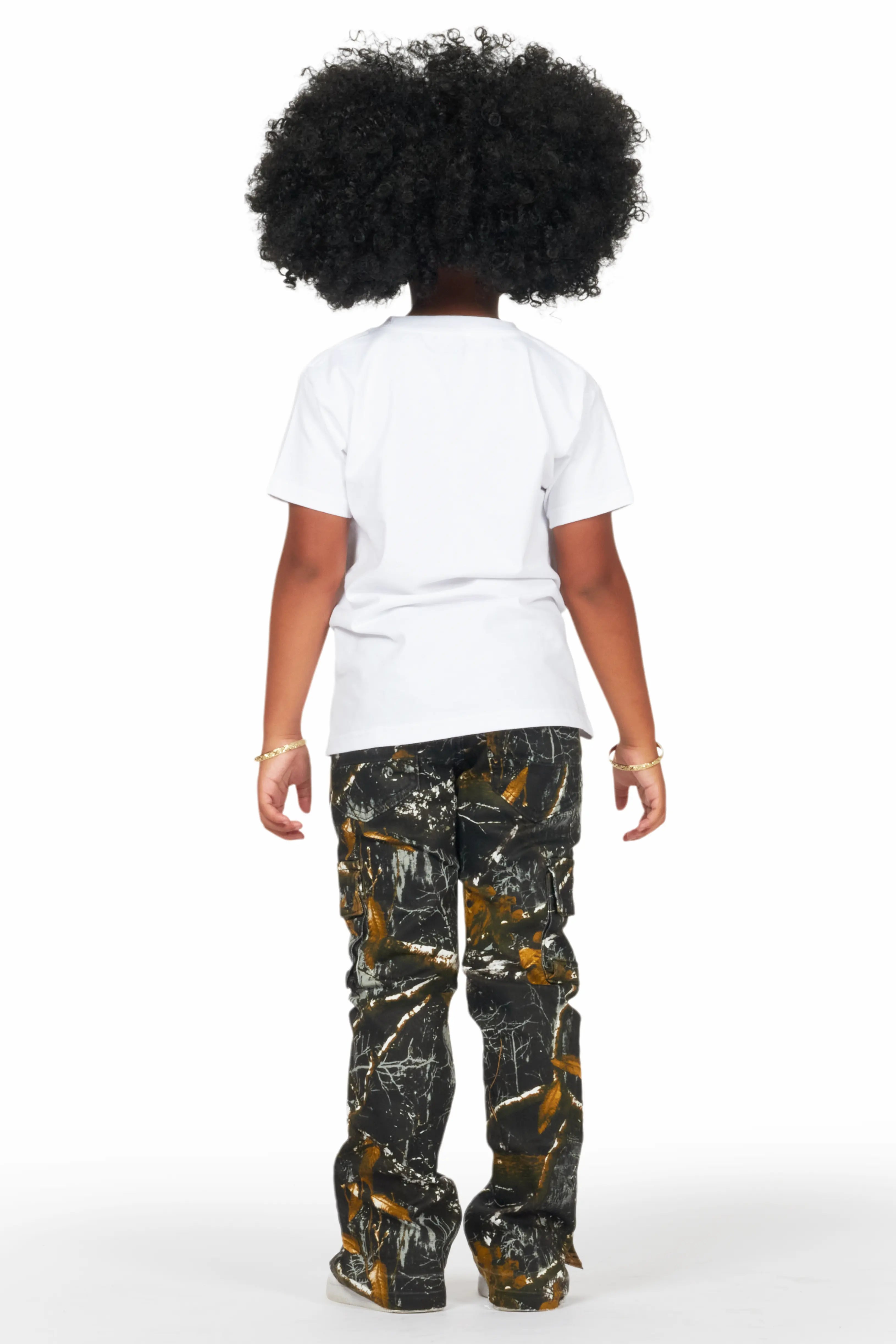 Girls Waapa Black Tree Camo Stacked Flare Cargo Jean