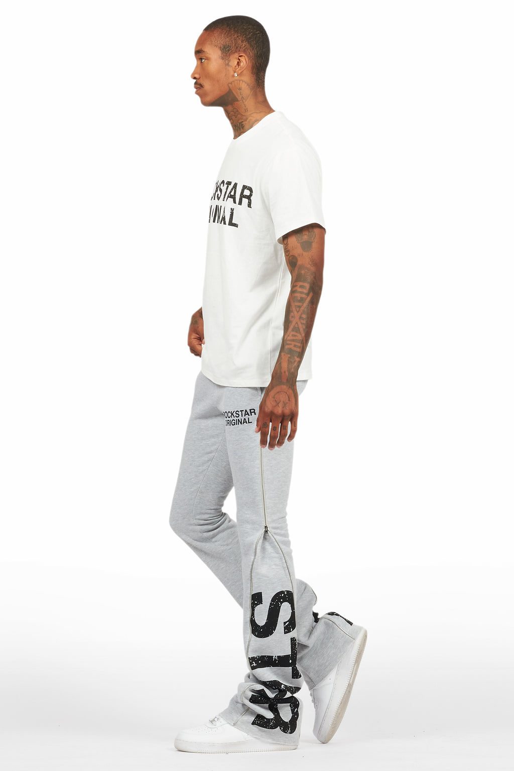 Deniska Heather Grey T-Shirt/Baggy Stacked Flare Track Set