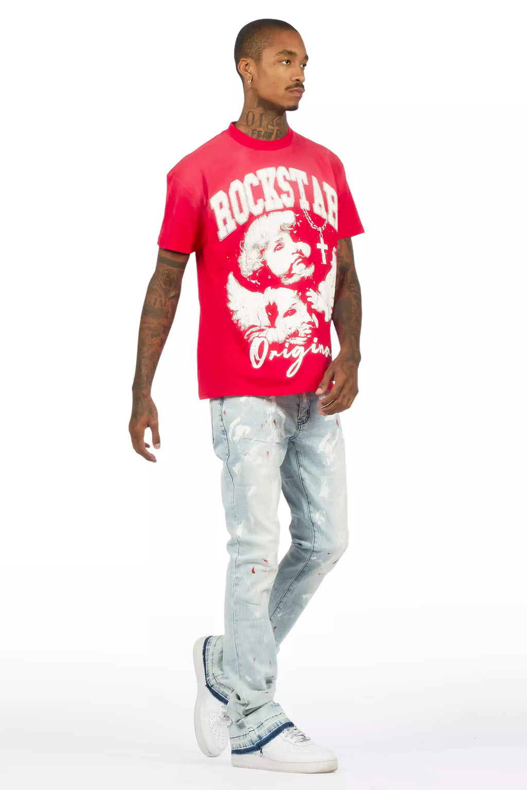 Deiter Red Oversized T-Shirt/Stacked Flare Jean Set