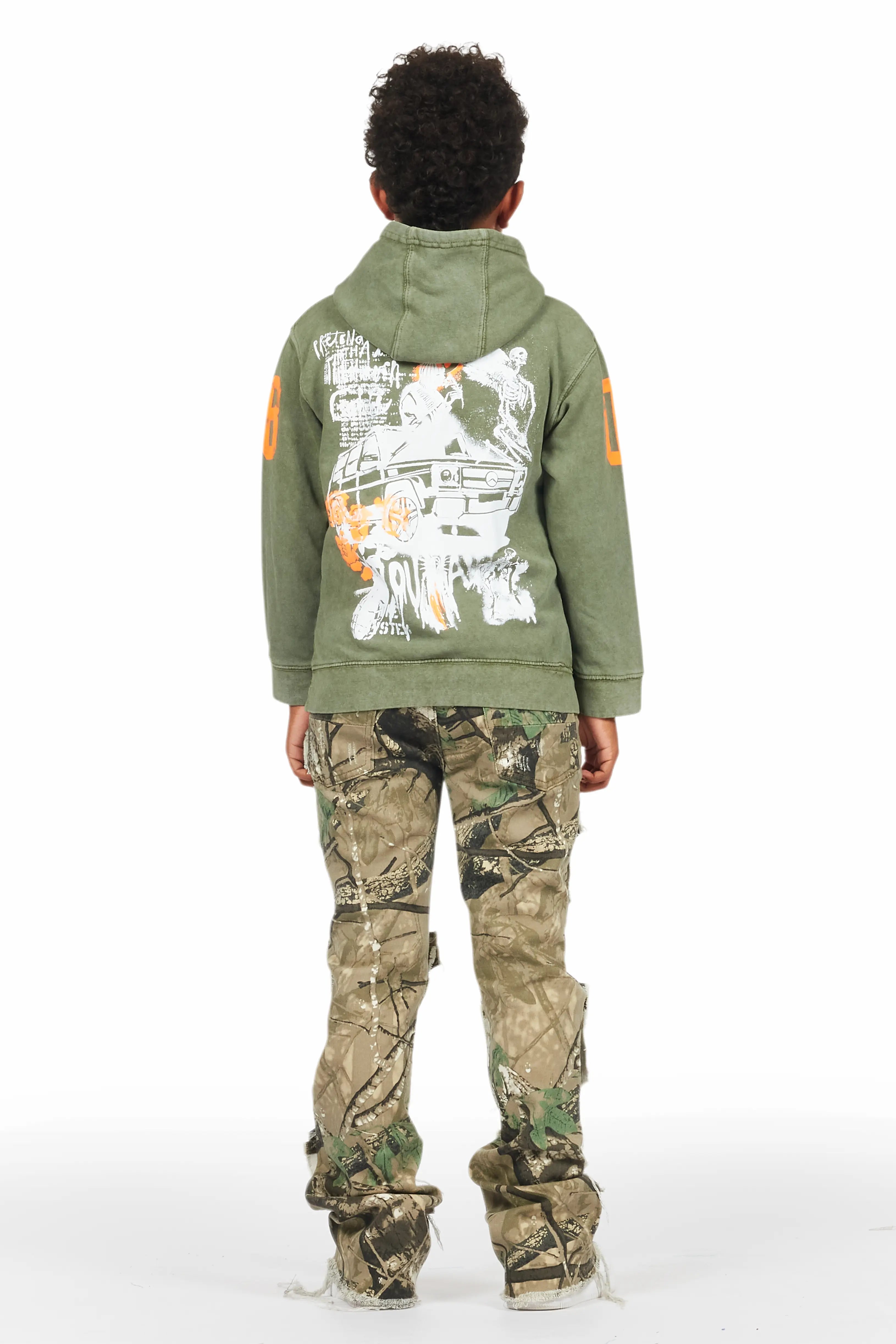 Boys Beau Tree Camo Hoodie/Stack Flare Jean Set