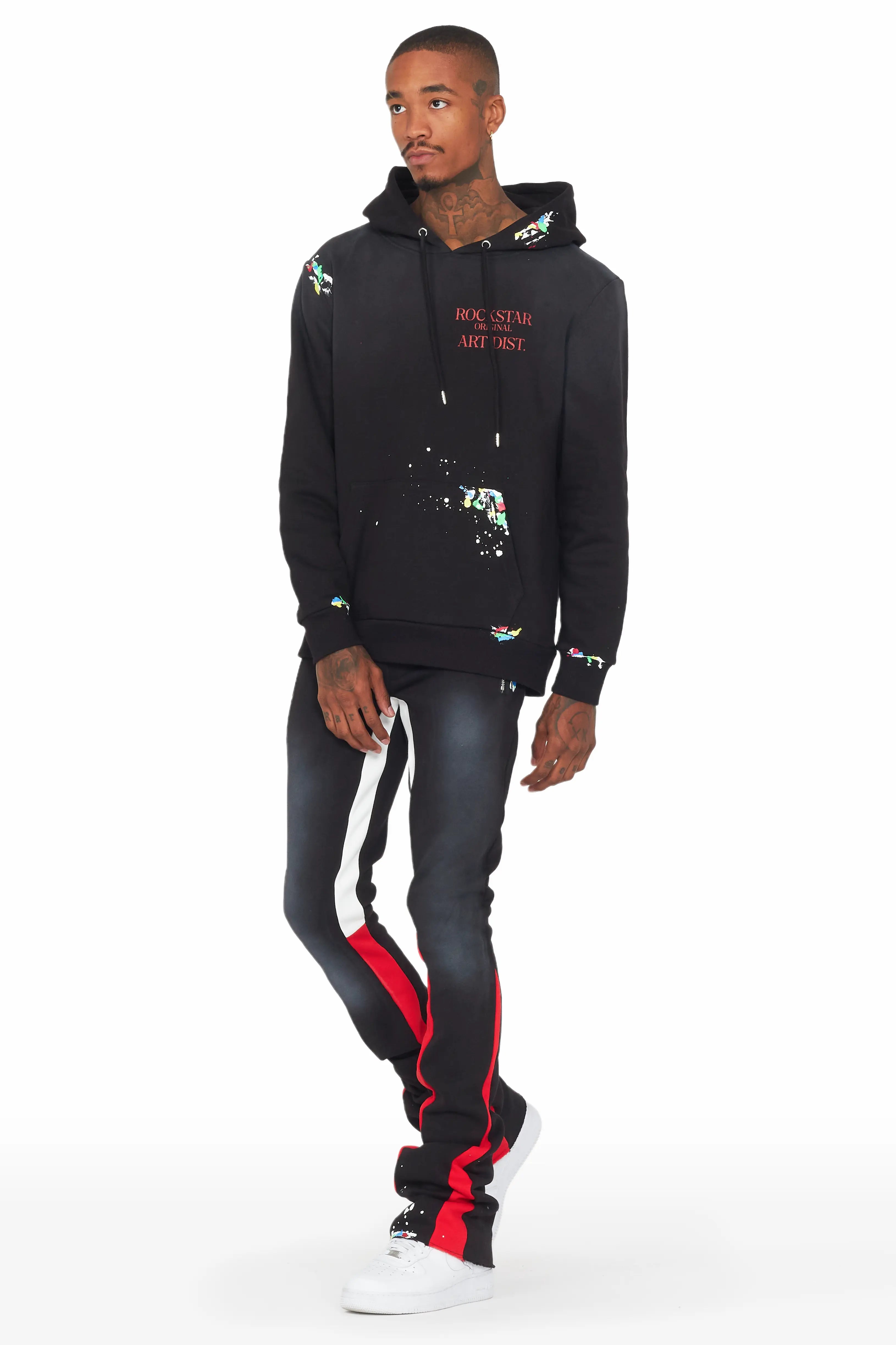 Rockstar Art Dist. Black/Red Hoodie/Stacked Flare Pant Set