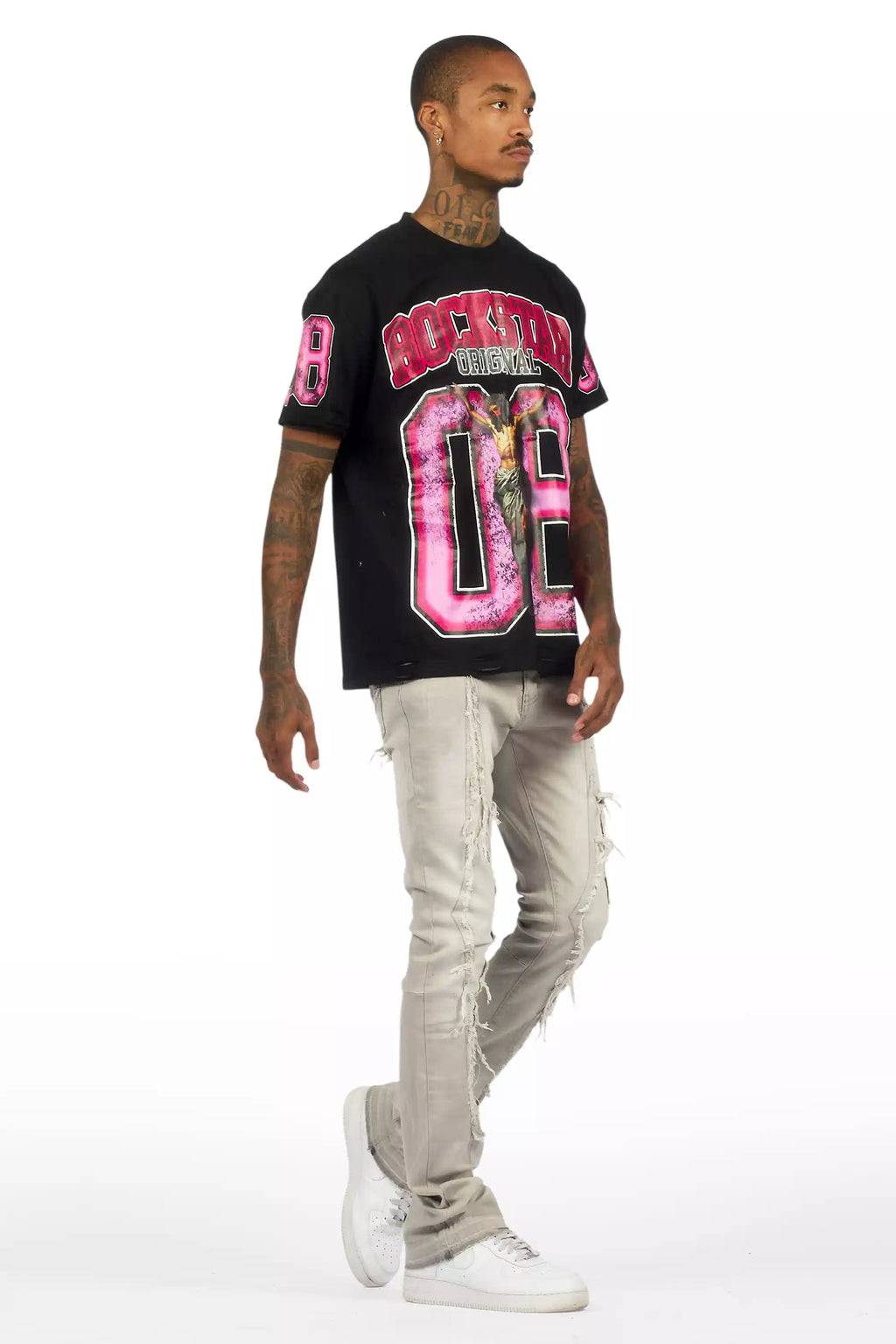 Fields Black Oversized Graphic T-Shirt/Painted Stacked Flare Jean