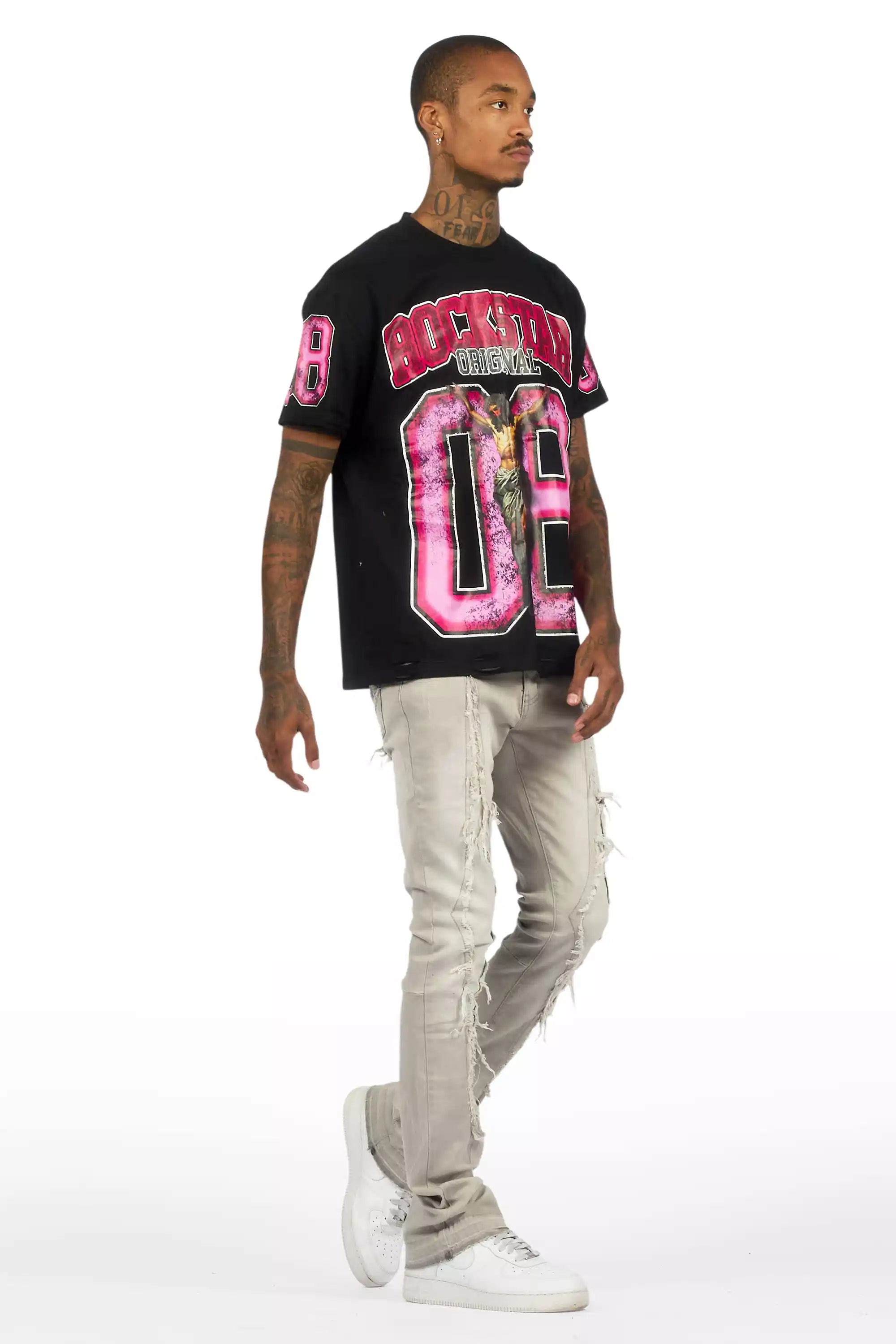 Fields Black Oversized Graphic T-Shirt/Painted Stacked Flare Jean