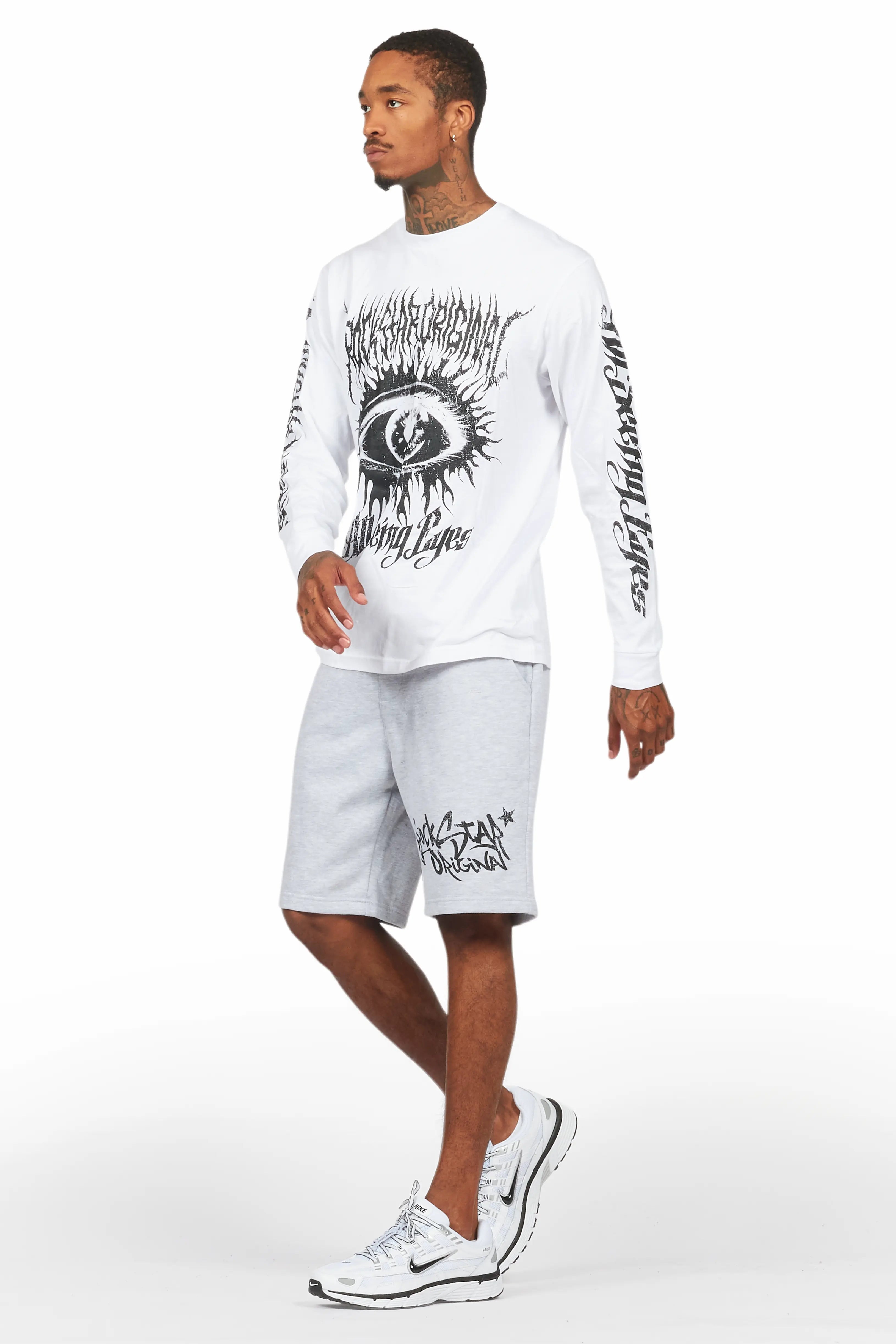 All Seeing Eyes White/Grey Long Sleeve T-Shirt Short Set
