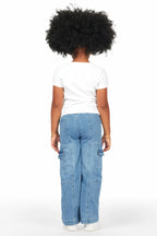 Girls Fatma White T-Shirt Wide Leg Cargo Jean Set