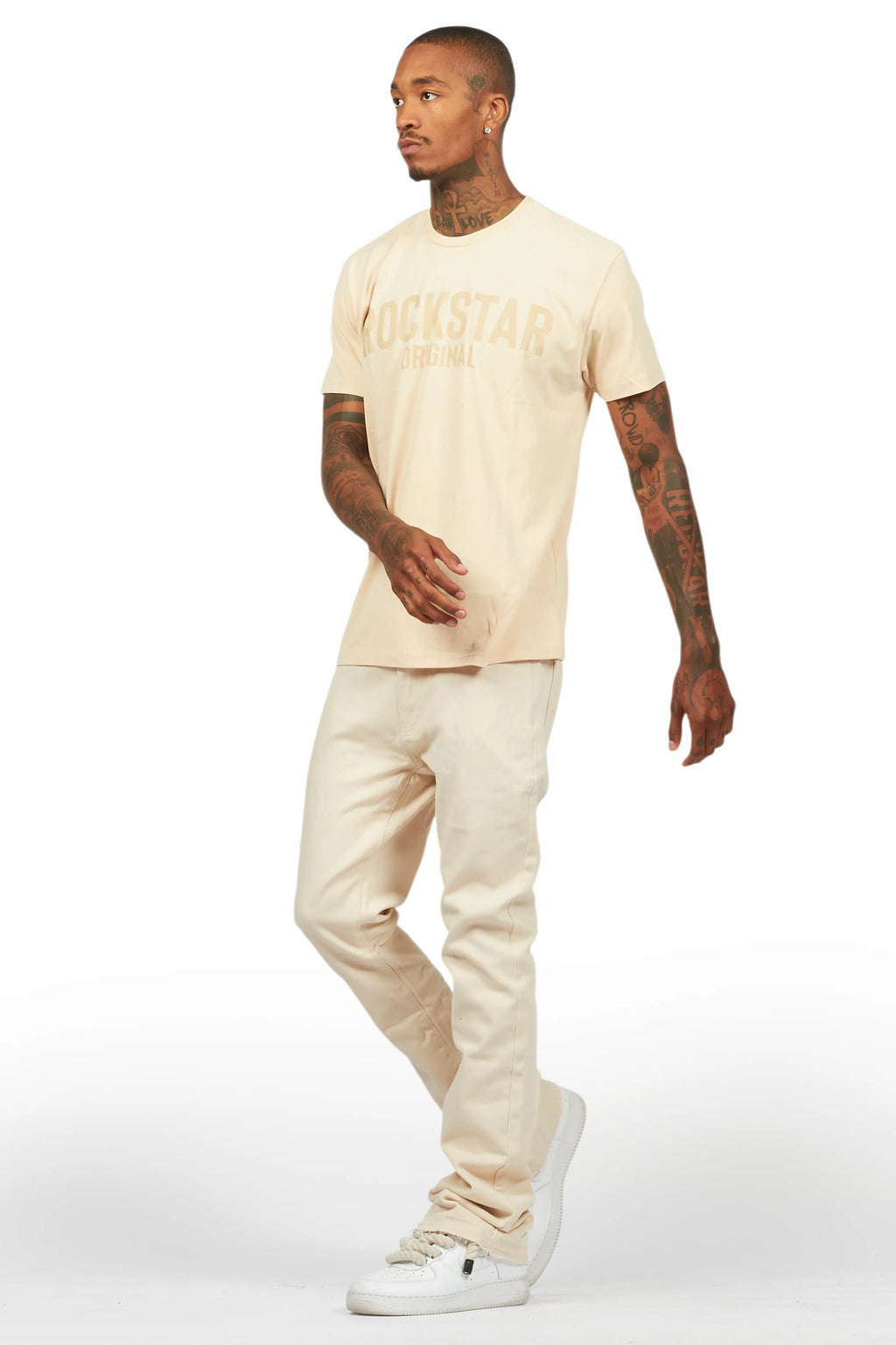 Sana Sand/Beige T-Shirt/Dag Stacked Flare Jean Set