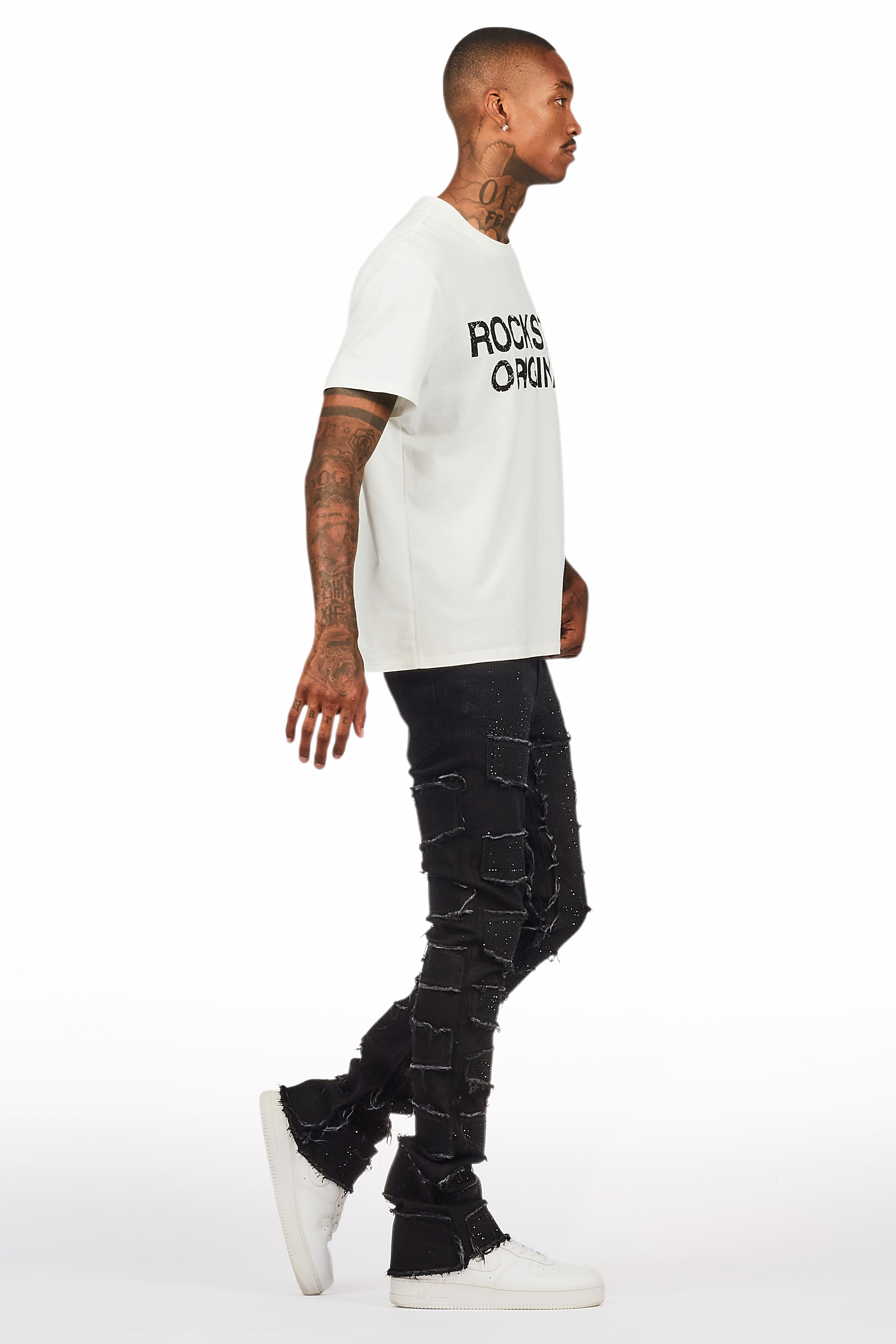 Shake Black Rhinestone Stacked Flare Jean