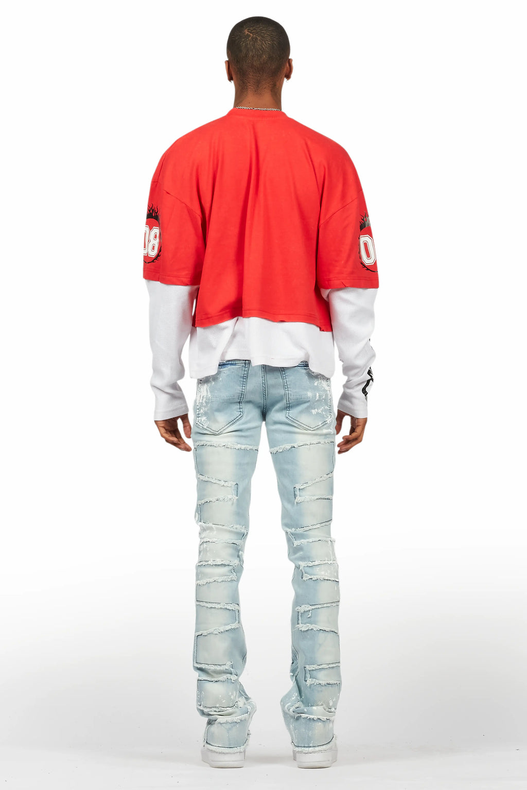 Kodak Blue/White Painter Stacked Flare Fringe Jean