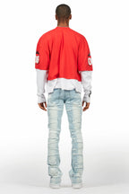 Kodak Blue/White Painter Stacked Flare Fringe Jean