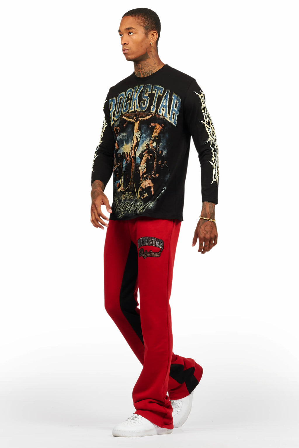 Waller Black/Burgundy Long Sleeve T-Shirt/Baggy Pant Set