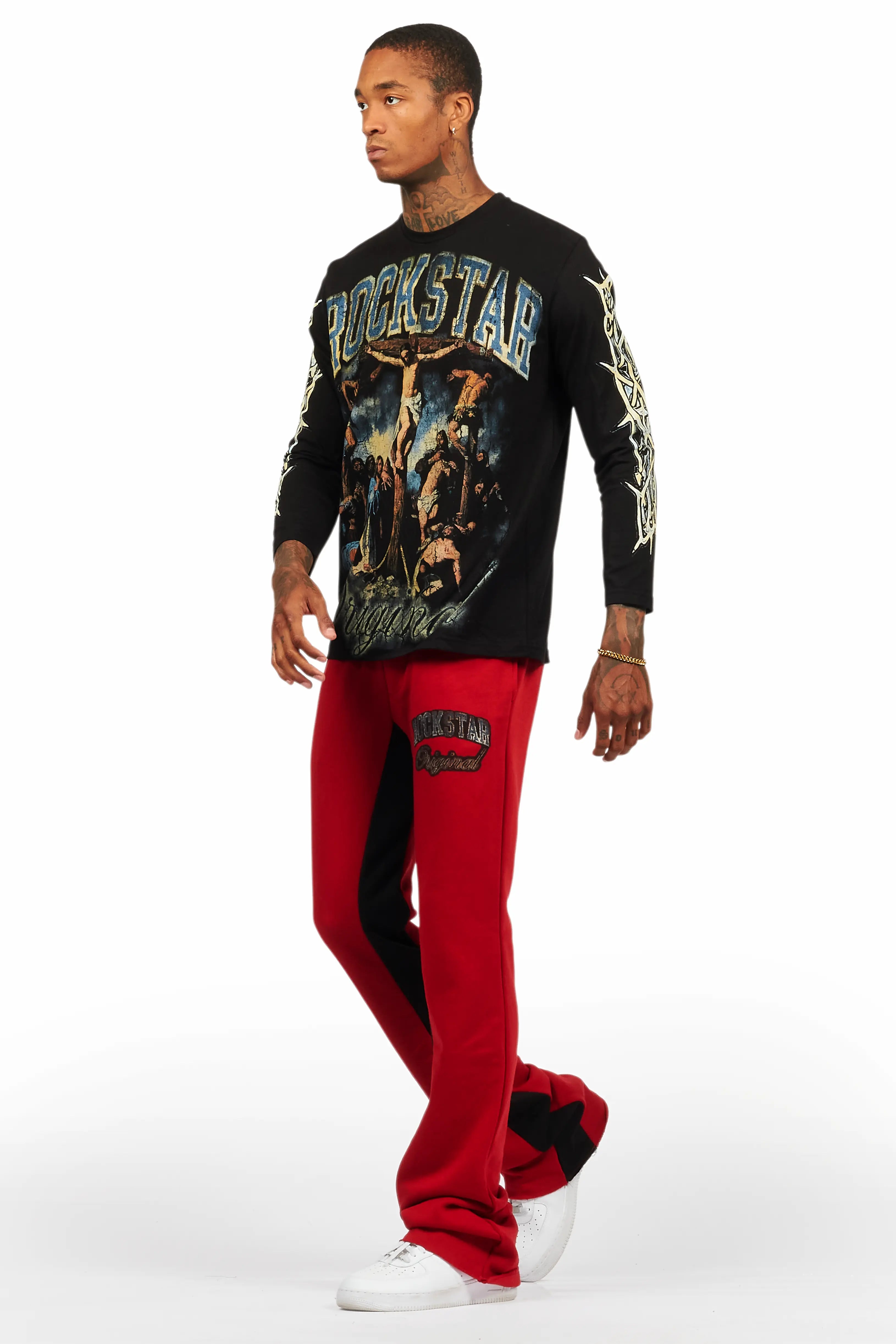 Waller Black/Burgundy Long Sleeve T-Shirt/Baggy Pant Set