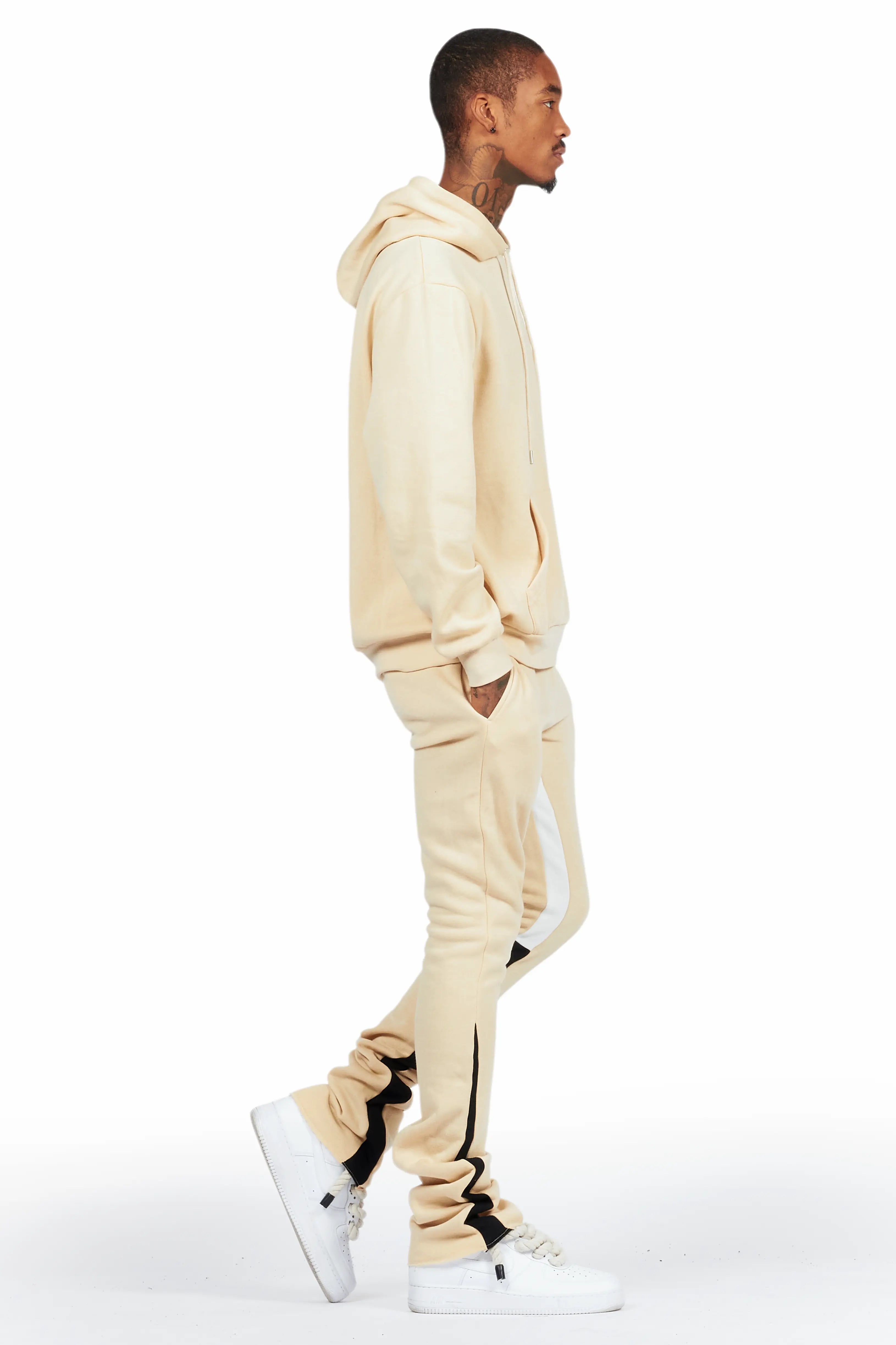 Basic Beige Hoodie/Stacked Flare Track Set