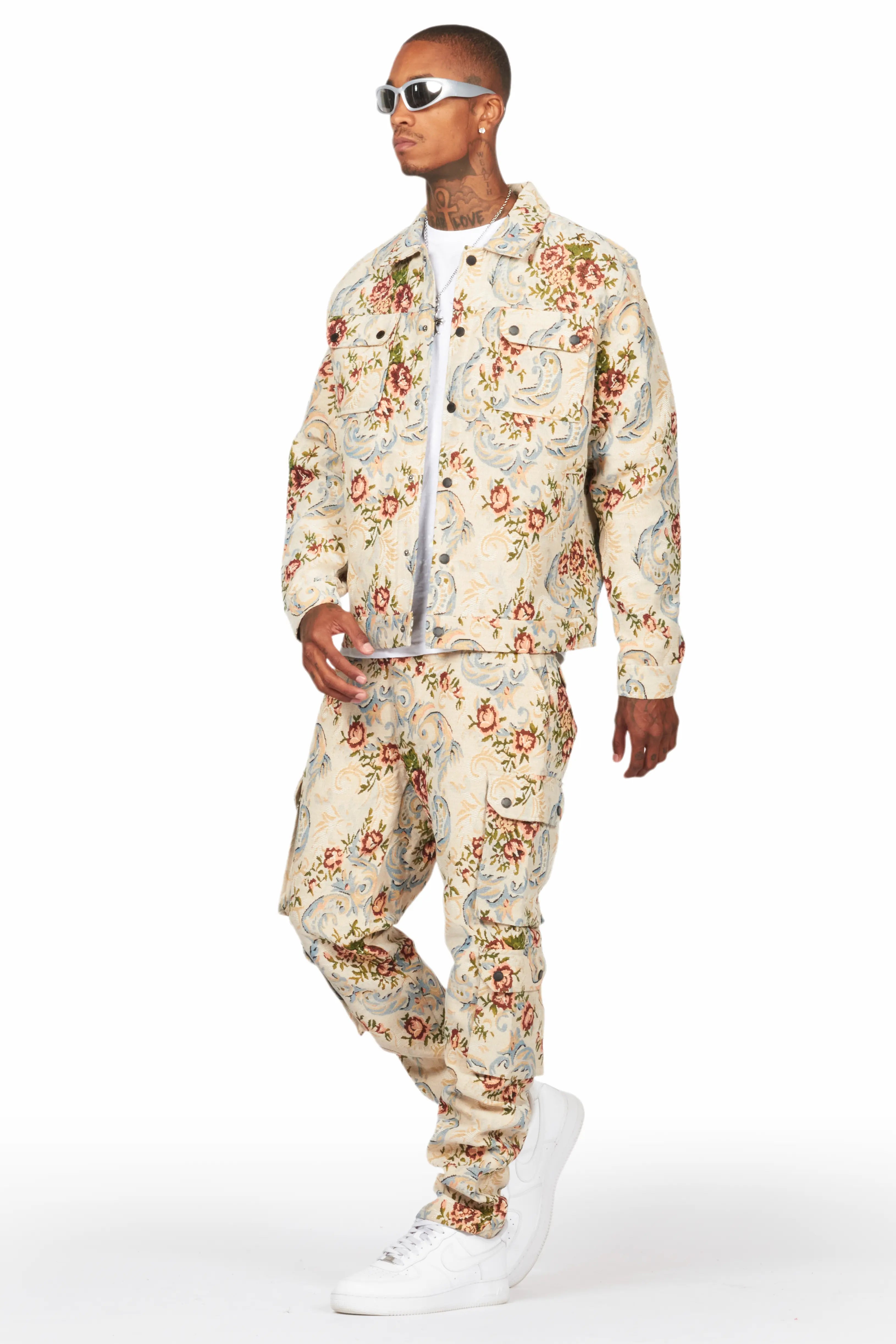 Kader Beige Multi Tapestry Cargo Jean