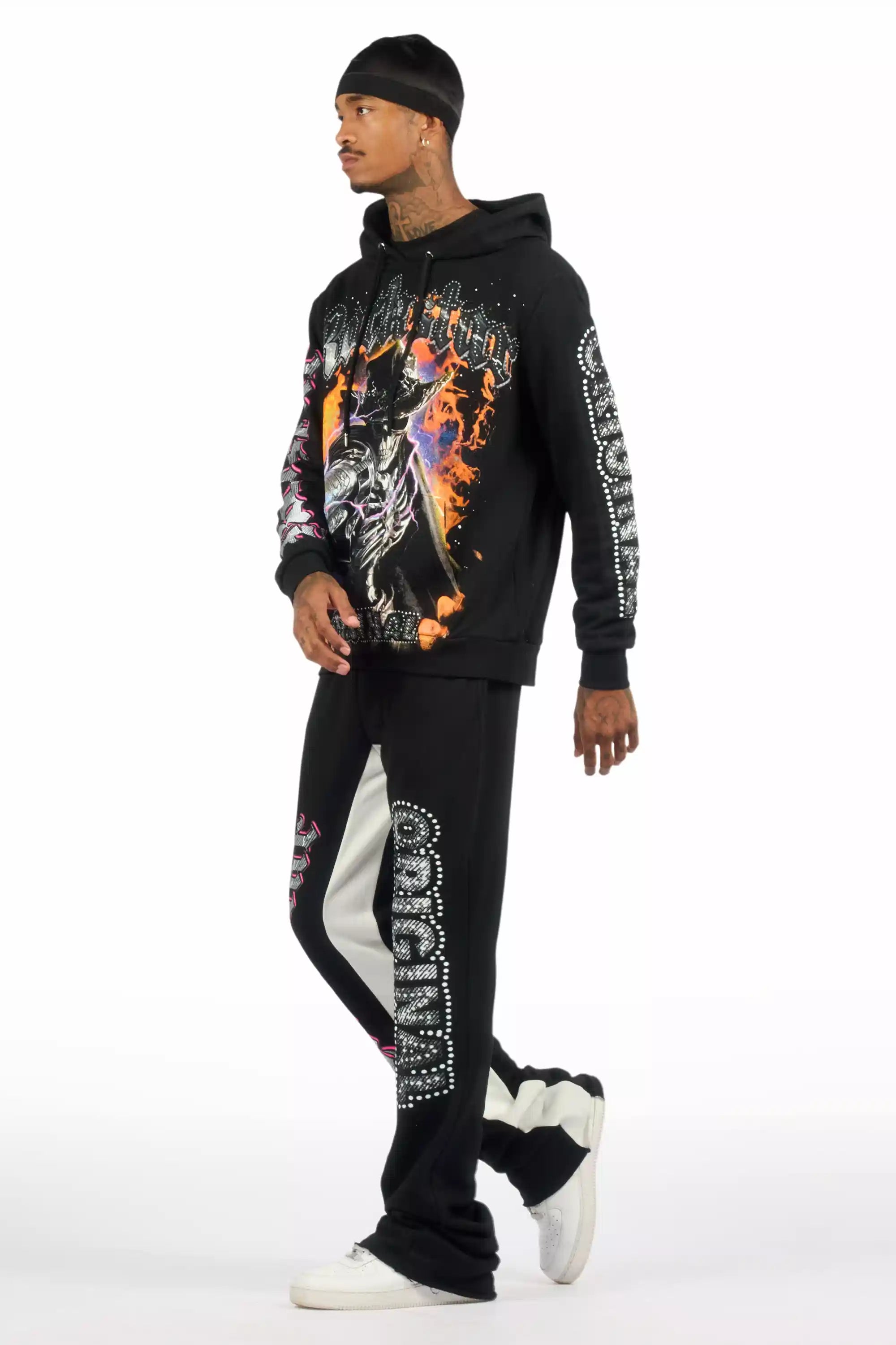 Bixner Black/Multi Hoodie/Baggy Stacked Track Pant Set