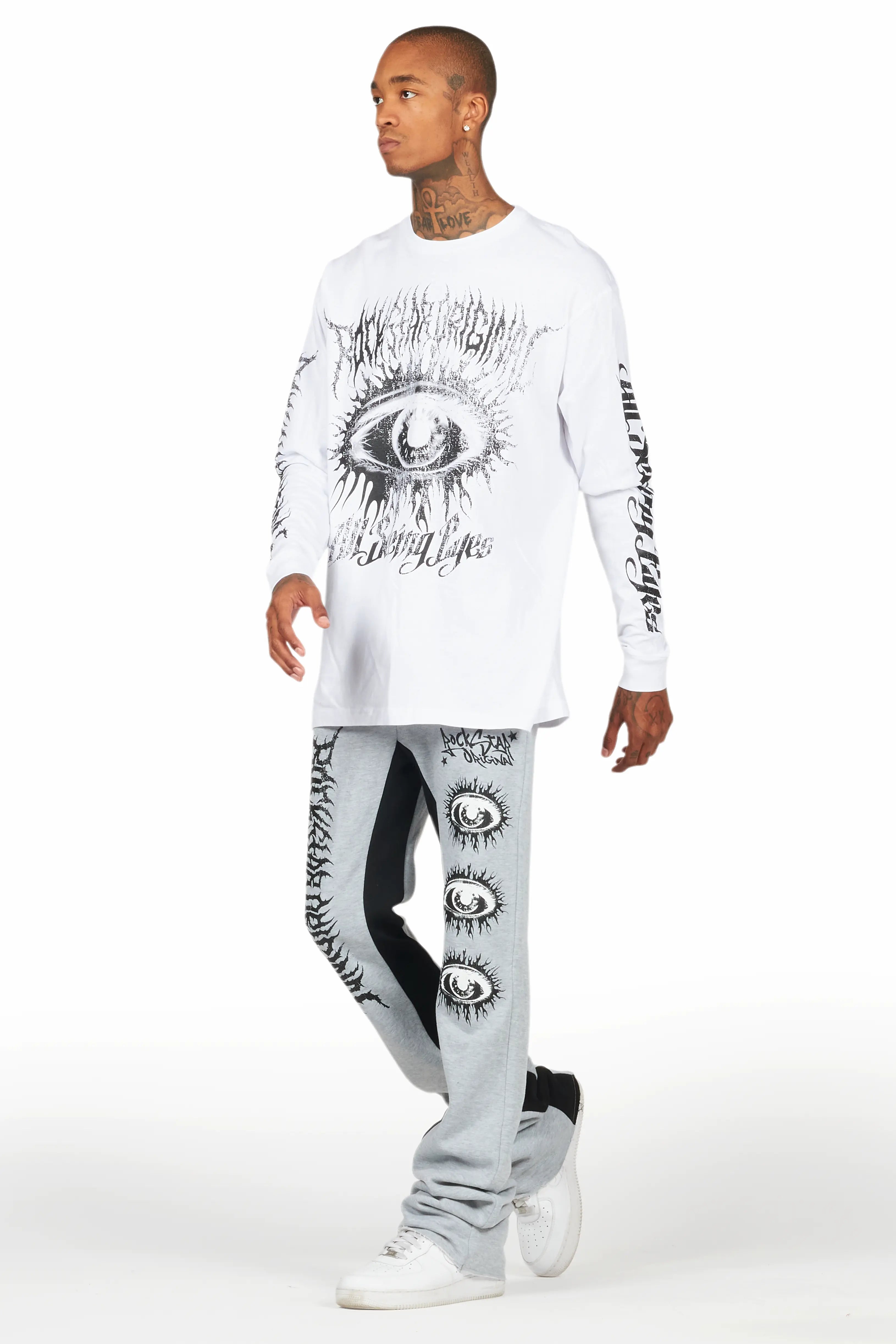 All Seeing Eyes White/Grey Long Sleeve T-Shirt/Baggy Pant Set