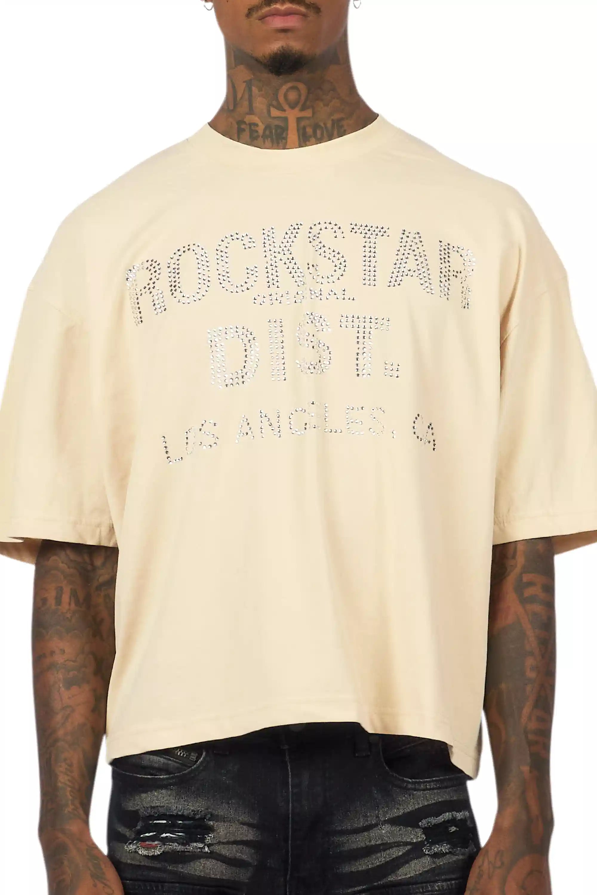 Lake Beige Rhinestone Boxy Crop T-Shirt