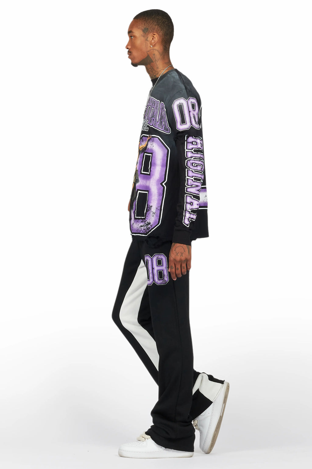 Fields Black/Purple Double Layer T-Shirt/Stacked Baggy Track Pant Set