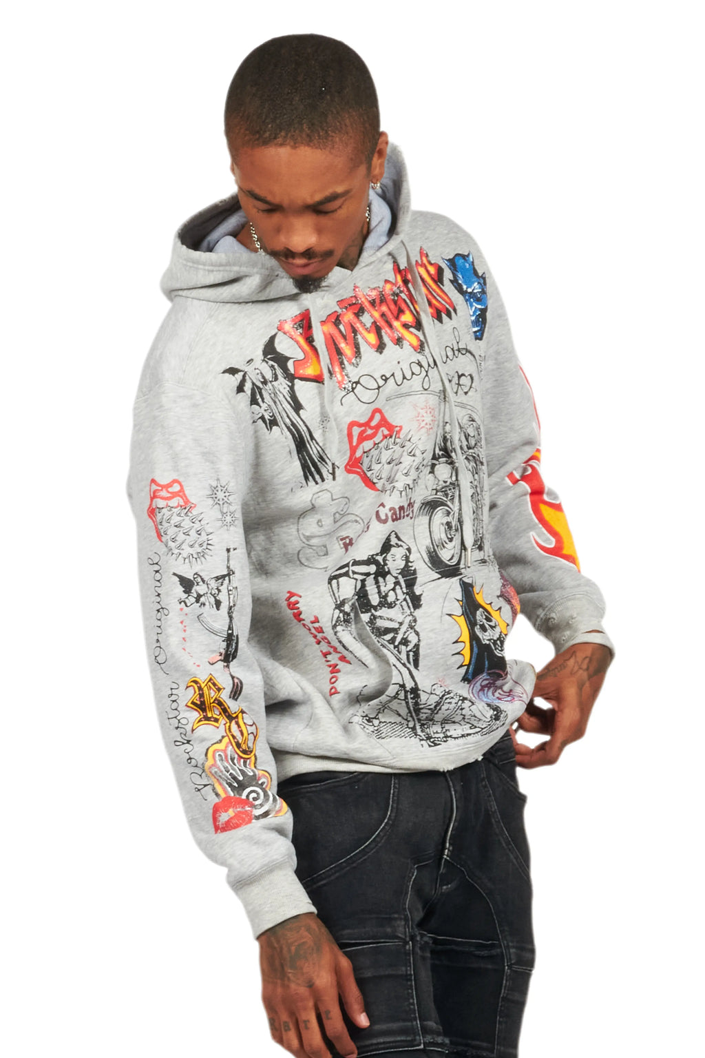 Shoota Heather Grey Distressed Graphic Hoodie